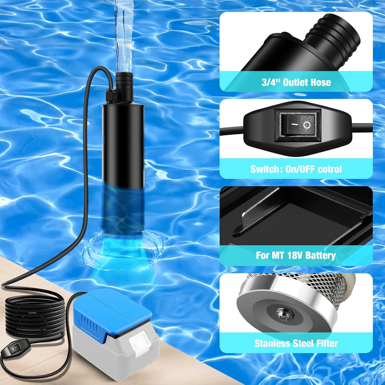 Cordless Submersible Water Pump Compatible with Makita 18V Li-Ion Battery, 500GPH Portable Transfer Sump Pump for Camping Tub Garden RV Pond Draining Job Sites(No Battery) image number 6