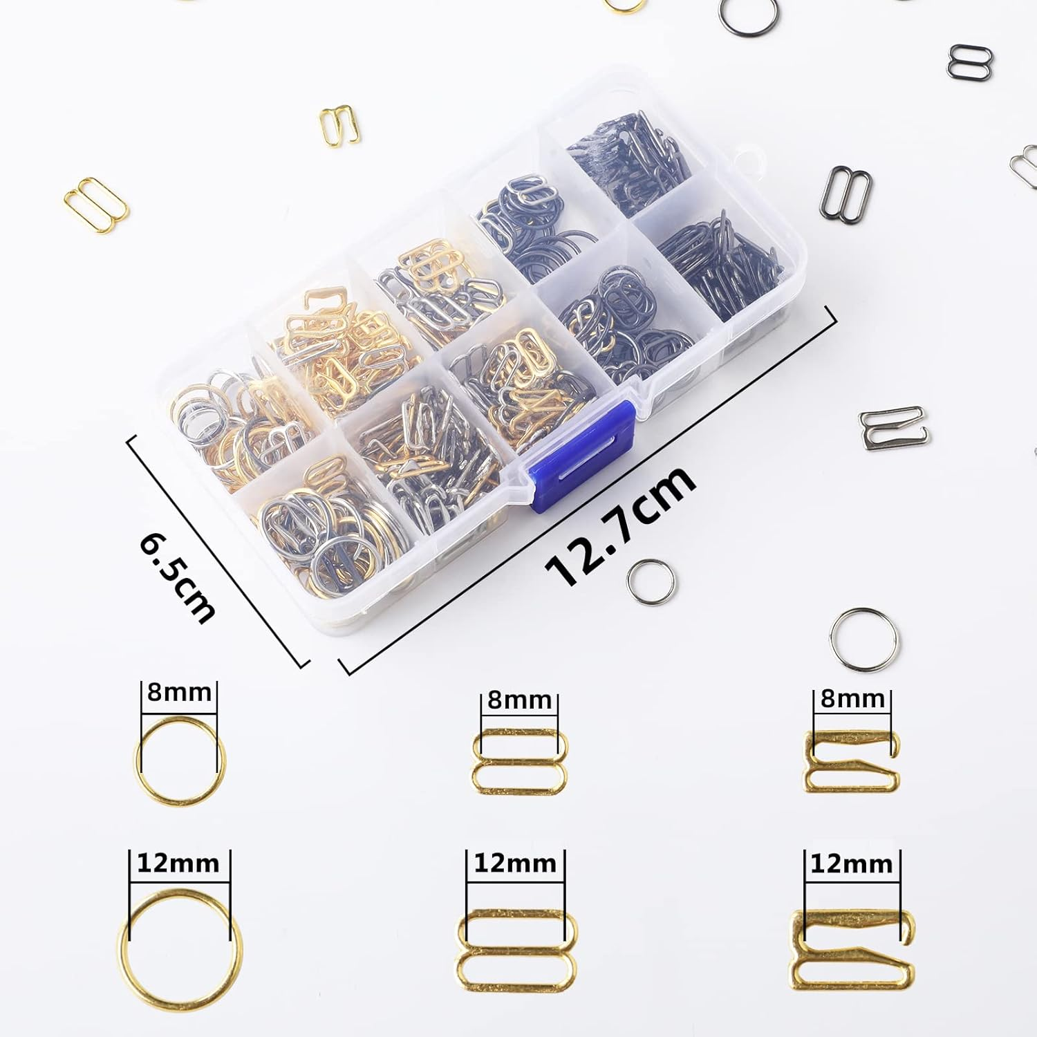 360Pcs Metal 3 Styles Bra Strap Hooks for Sewing Bikini Swimsuit Lingerie Rings Halter Tops Metal Bathing Suit Clips Clasp Adjustment Slider（Gold Silver and Metallic Black, 2 Size, Boxed） image number 4