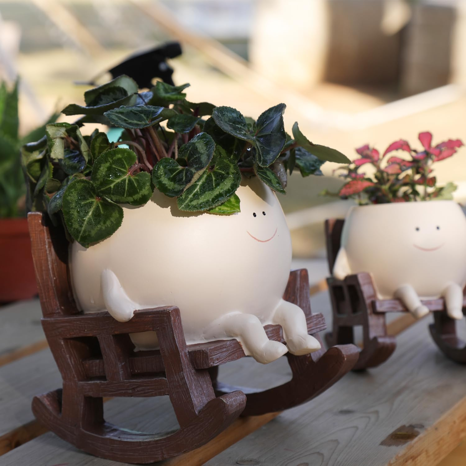 Smily Face Planter Pot Cute Resin Flower Head Planters for Indoor Outdoor Plants Unique Sitting Rocking Chairs Succulent Pots for String of Pearls Plant Live Gift Ideals with Drainage Hole image number 6
