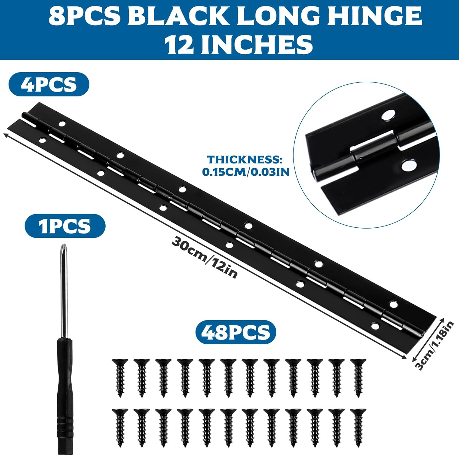 Piano Hinge 30 Cm X 3 Cm, Long Bar Hinge Black, Piano Hinges, Door Hinges Hinge Hinges, Connector Piano Cabinet Door Furniture with Screws, Screwdriver Pack of 4 image number 3