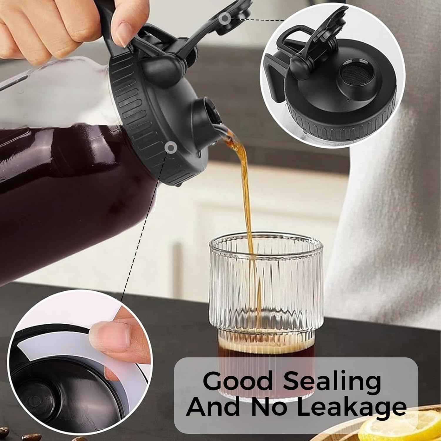 XURUIAU 32 Ounce Glass Mason Jar Water Bottle with Spout Handle Leak Proof Silicone Seal Ideal for Cold Brew Coffee Milk Juice Lemonade Breast Milk Storage and Other Beverages，Black image number 1