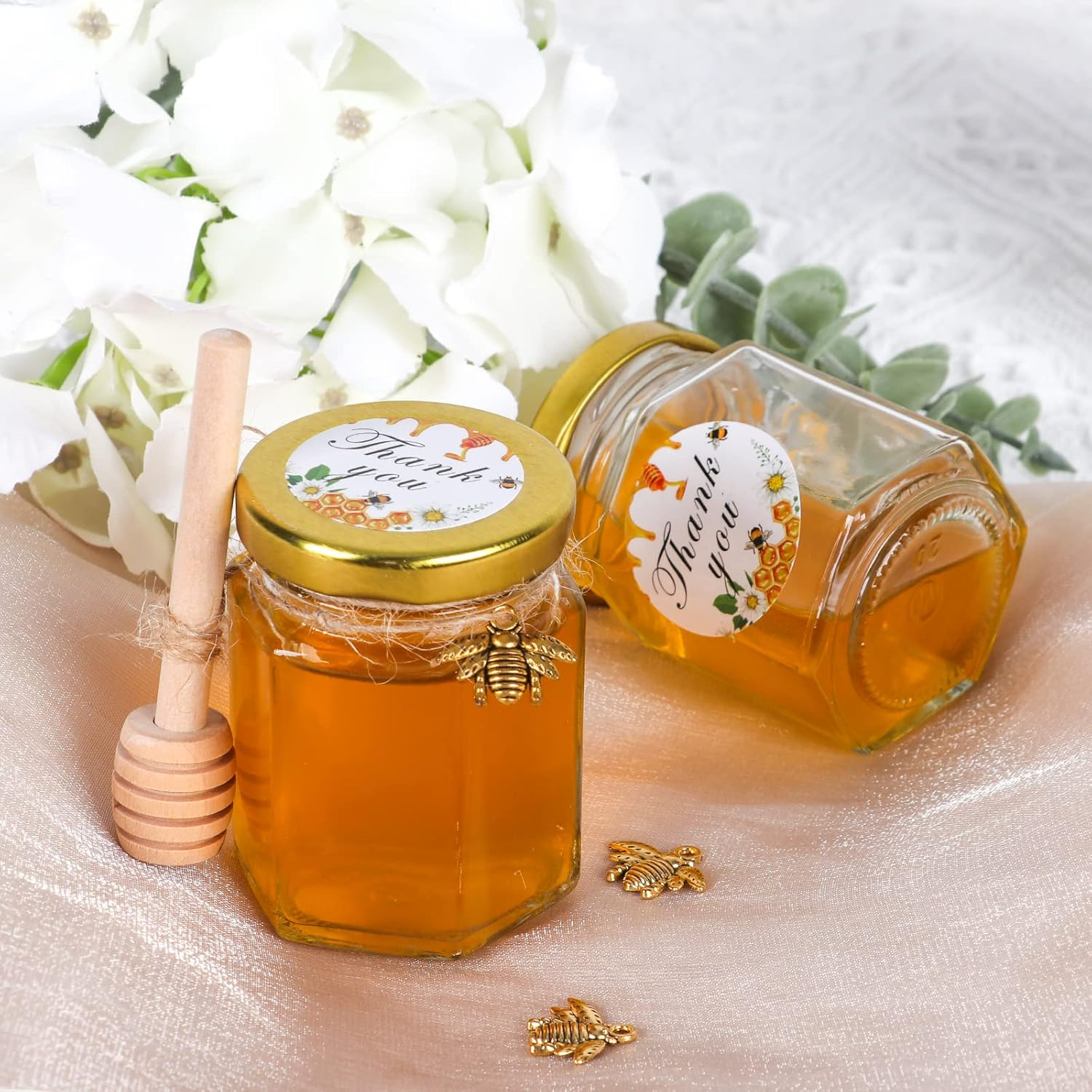 Aurotrends 3Oz Mini Honey Jars with Dipper 30Pack, Glass for Baby Shower Favors/ Wedding Favors Guests Bulk-Mini Wooden Dippers/ Bee Charms/ Thankyou Stickers/ Jute Twine (3Oz-30Pack) ,Gold image number 5