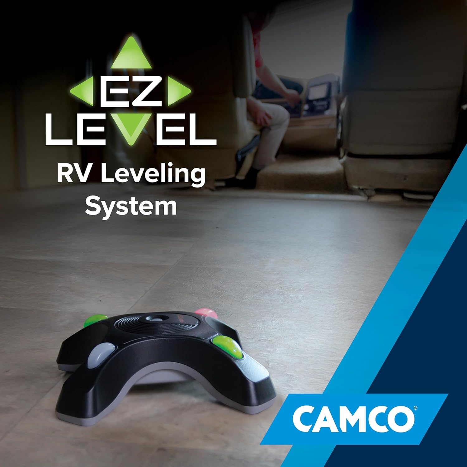 Camco Camper EZ Level - Hassle Free RV Leveling System - Features Illuminated Indicator Lights & Automatic Shut-Off Function When Not In-Use - Includes Pre-Installed On/Off Switch (25505) image number 1