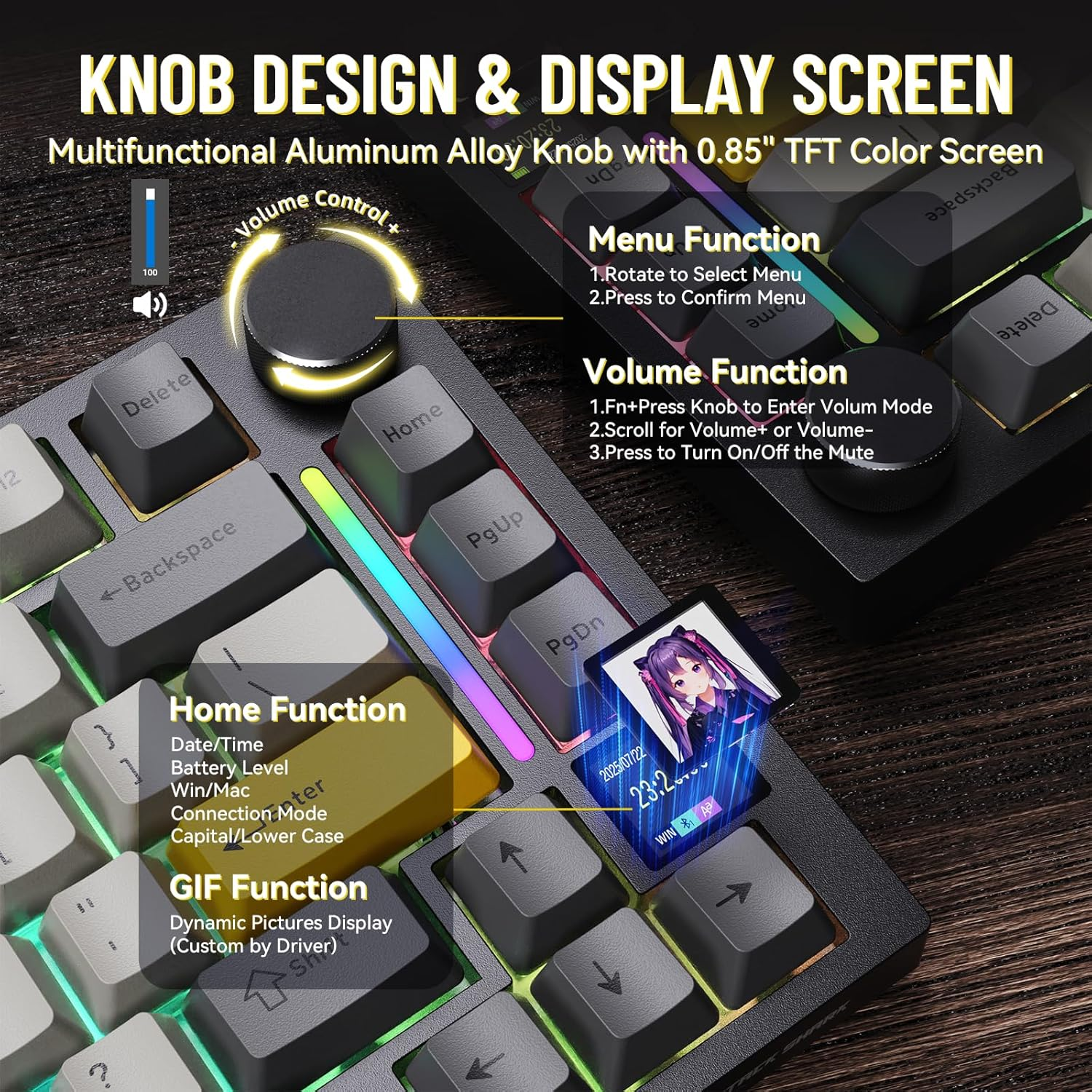 Attack Shark X820 Ultra Wireless Mechanical Keyboard with TFT Smart Display&Knob,75% Bluetooth/2.4Ghz/Usb-C Wired Gaming Keyboard,Gasket-Mounted Linear Switch with Coiled Cable,For Win/Mac-Gray image number 3