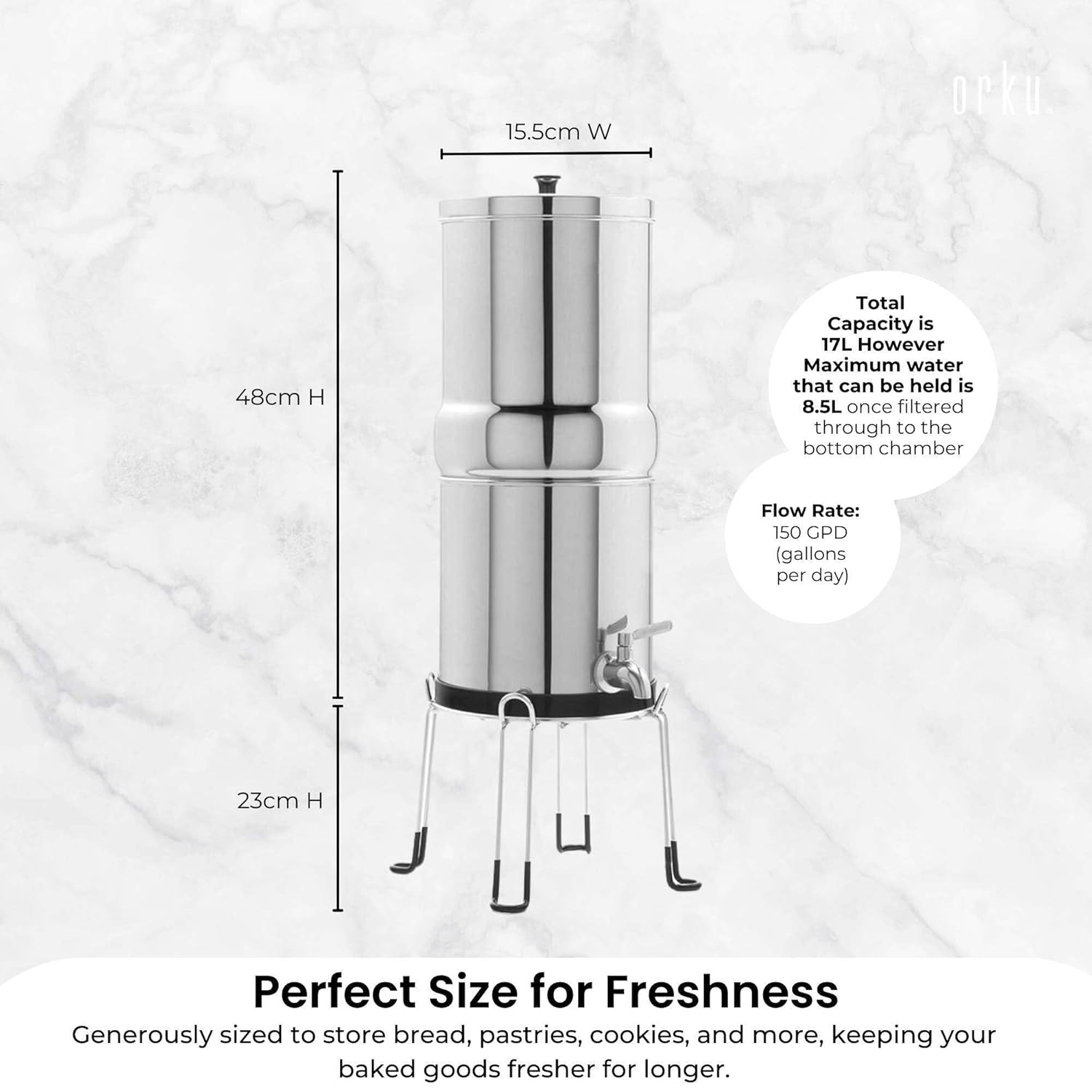 Orku 8.5L Gravity Benchtop Water Filter - Stainless Steel Fluoride Removal image number 3