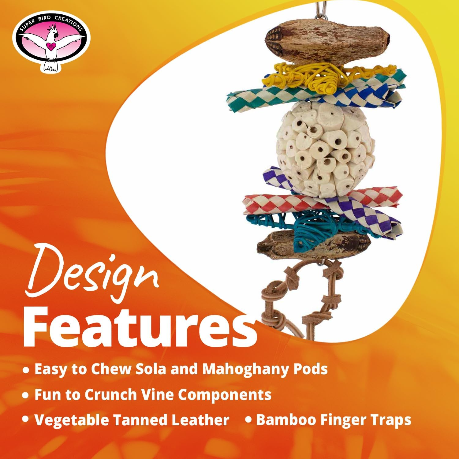 Super Bird Creations SB1240 Sola Ball Delight Bird Toy - Easy to Chew Sola and Mahogany Pods - Handcrafted Bird Activities Designed for Ringnecks, Medium Conures, Caiques - Ideal for Medium Bird Size image number 3