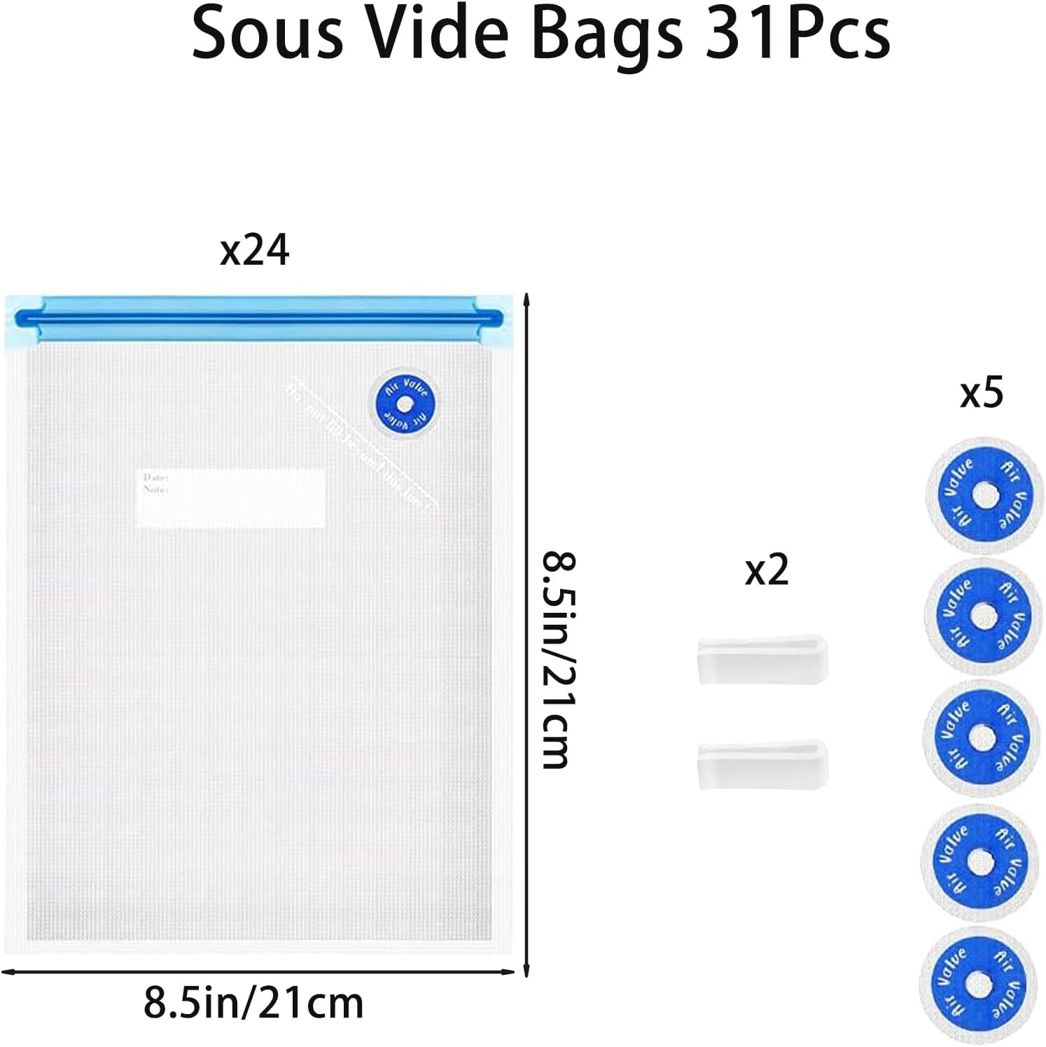 Sous Vide Bags 31 Pcs (24 Pcs Vacuum Zipper Bags & 2 Seal Clips & 5 Air Valves), Reusable BPA Free Vacuum Sealer Bags (8.5 * 8.5In) Vacuum Food Storage Bags for Cooking/Food Storage/Microwave Heating image number 6