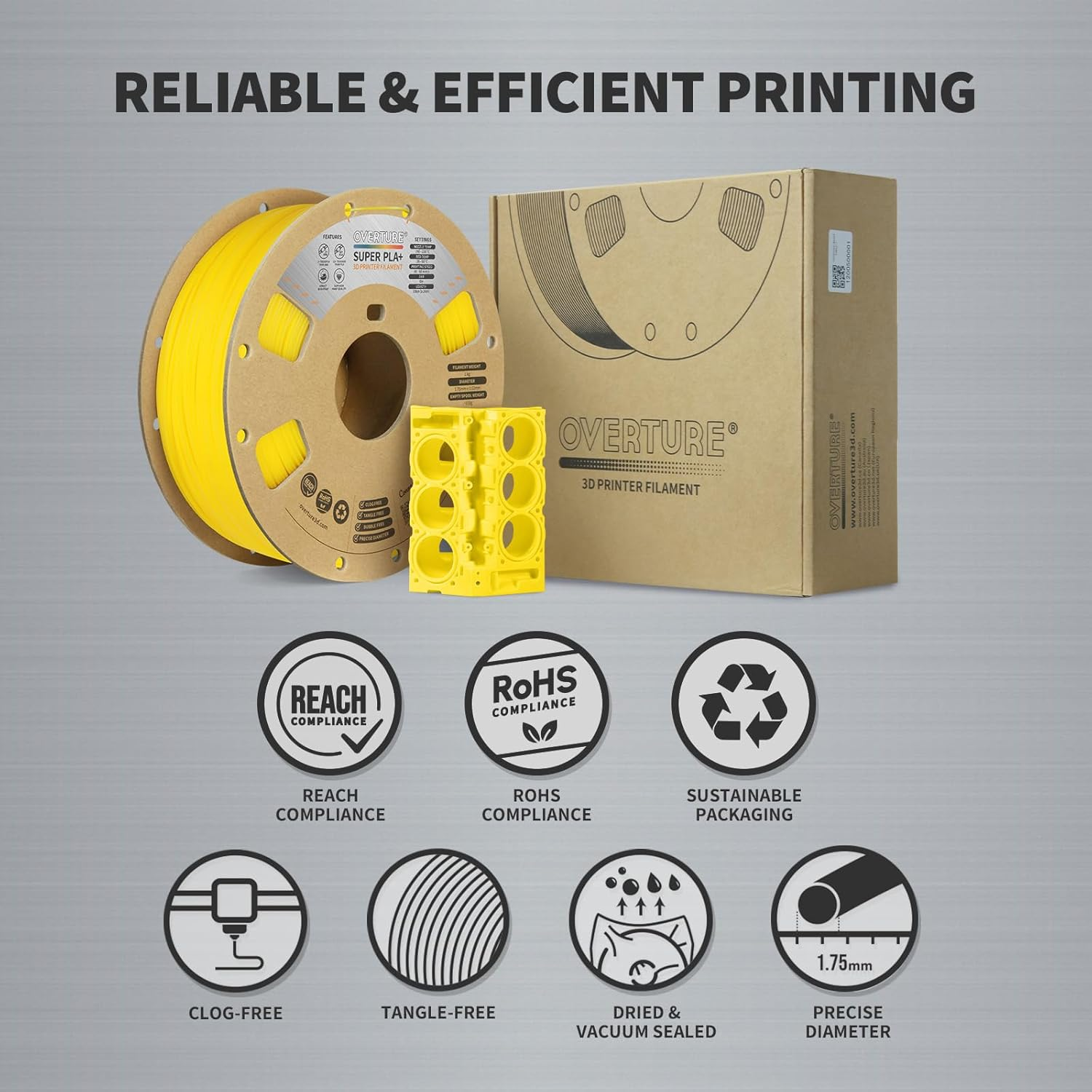 OVERTURE Super PLA+ Filament 1.75Mm, Enhanced Toughness PLA Plus, High Impact Resistance, Heat-Resistant, 1Kg (2.2Lbs) Cardboard Spool, High Precision +/- 0.02Mm (Yellow)