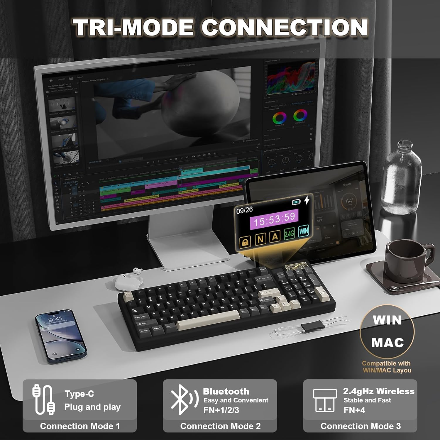 YUNZII IF99 Wireless Mechanical Gaming Keyboard with Smart ICD Display, QMK/VIA Programmable BT/2.4G/USB-C Gasket Mounted Hot Swap RGB 96% Layout for Mac/Win (Black, Zero Linear Switch) image number 6