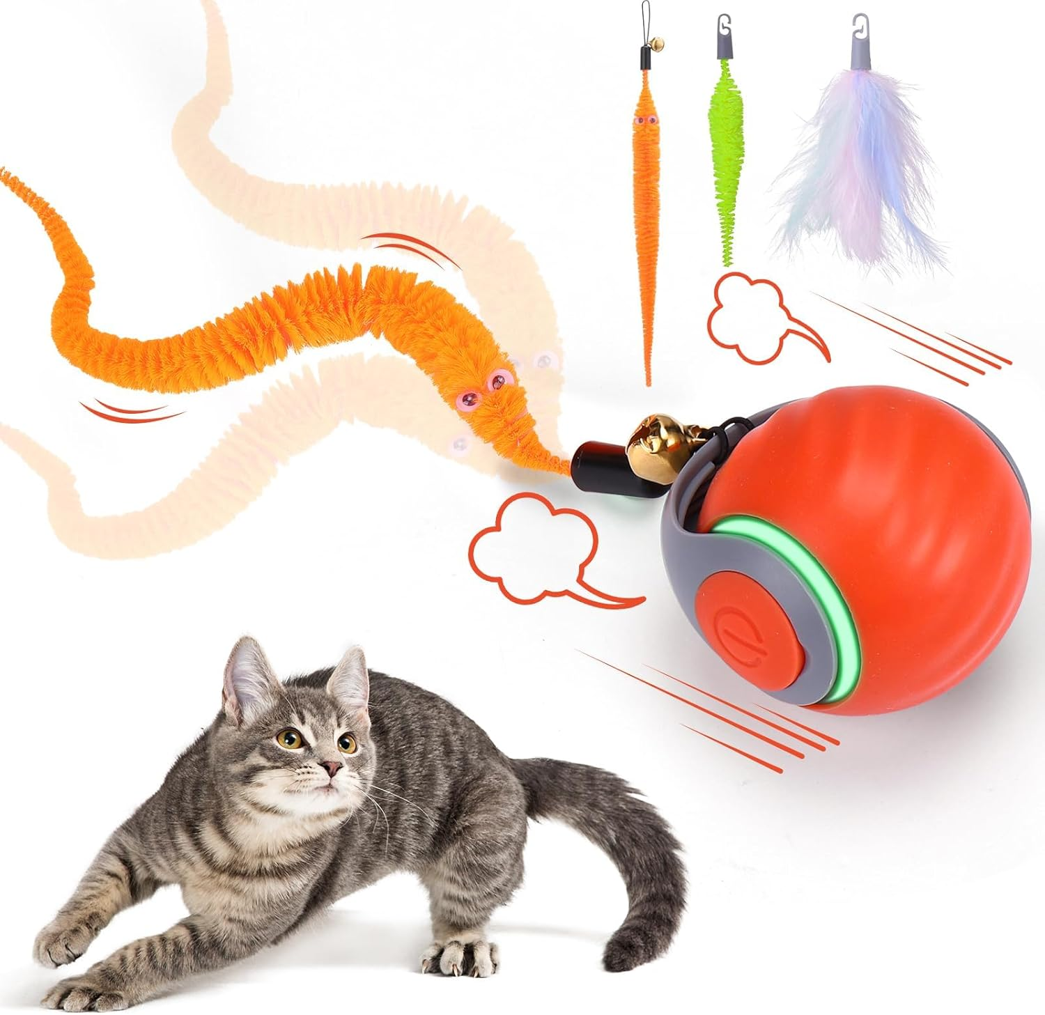 Interactive Cat Toy Ball - Automatic Interactive Cat Toys for Indoor Cats with 3 Tails, 2 Speeds Rechargeable Cats Enrichment Dog Toys Balls for Small/Medium/Large to Keep Them Busy, Orange (Blue)