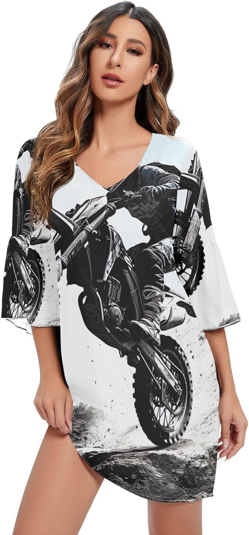 Dirt Bike Jump V Neck Summer Dress Printed Line Maternity Dress S-XXL image number 4