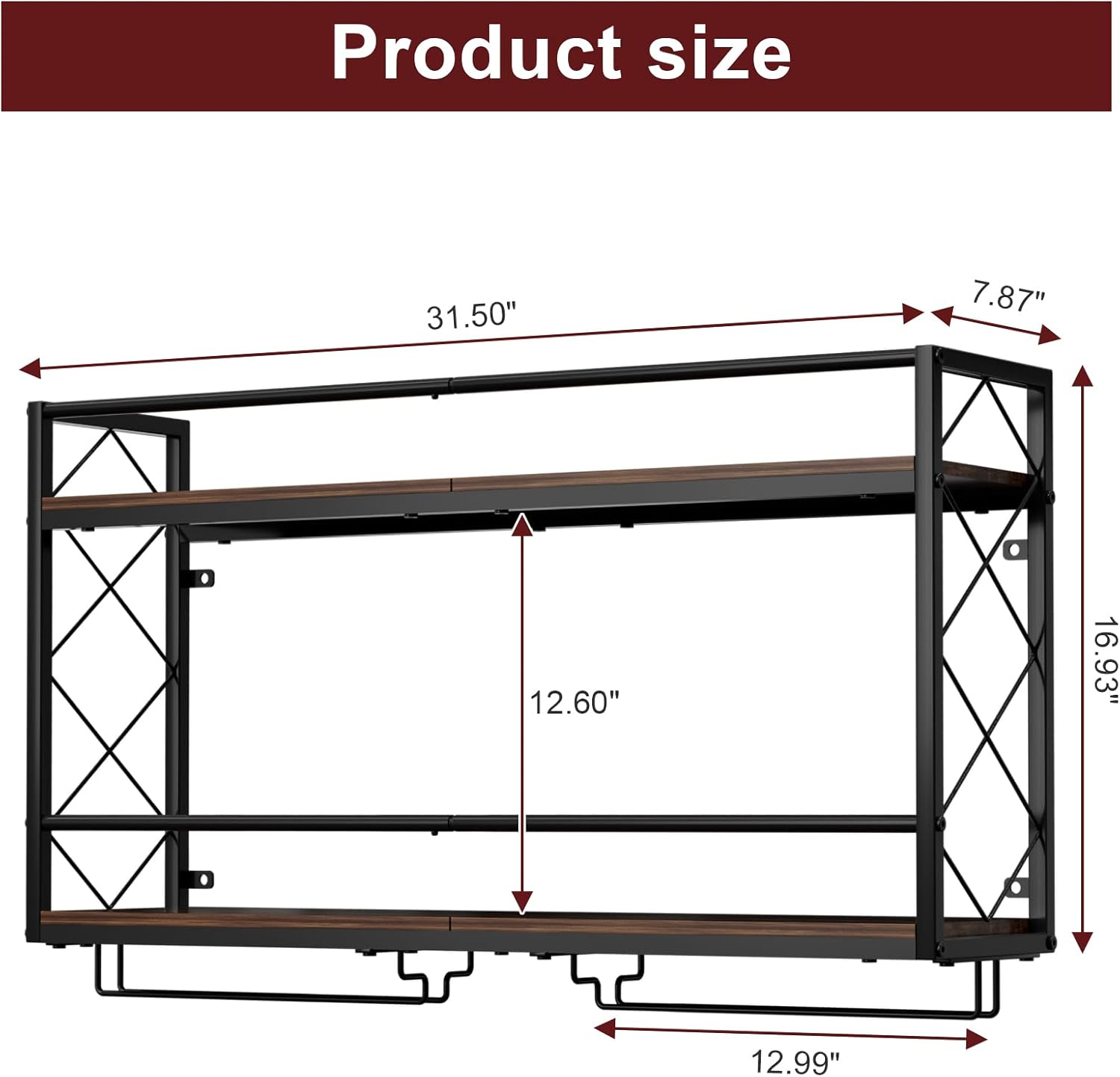 NEYCIL Wine Rack Wall Mount 2 Tier Wall Wine Rack with Glass Holder, Anti-Drop Crossbar, 31.5 Inch Metal Wine Rack for Home Kitchen Dining Room Bar, Black image number 5