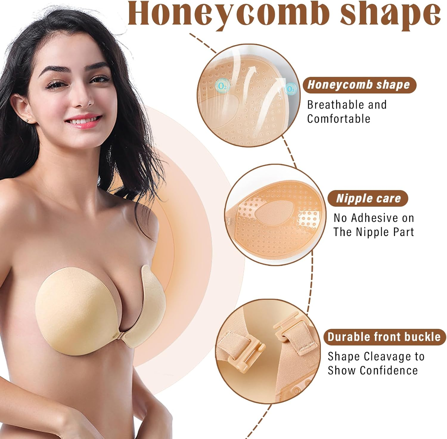 2 Pack Adhesive Push up Bra, Reusable Sticky Bra with Front Clip, Nipple Covers, Strapless Bra for Backless Dresses, Evening Gowns Party Wear image number 1