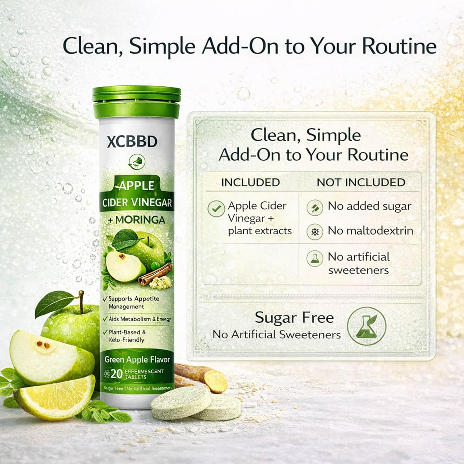 Apple Cider Vinegar + Moringa Effervescent Tablets &ndash; Green Apple & Lemon Masala Flavor Combo, Sugar Free ACV Drink Tablets, Plant-Based Daily Routine, 40 Tablets (2 Pack) image number 2