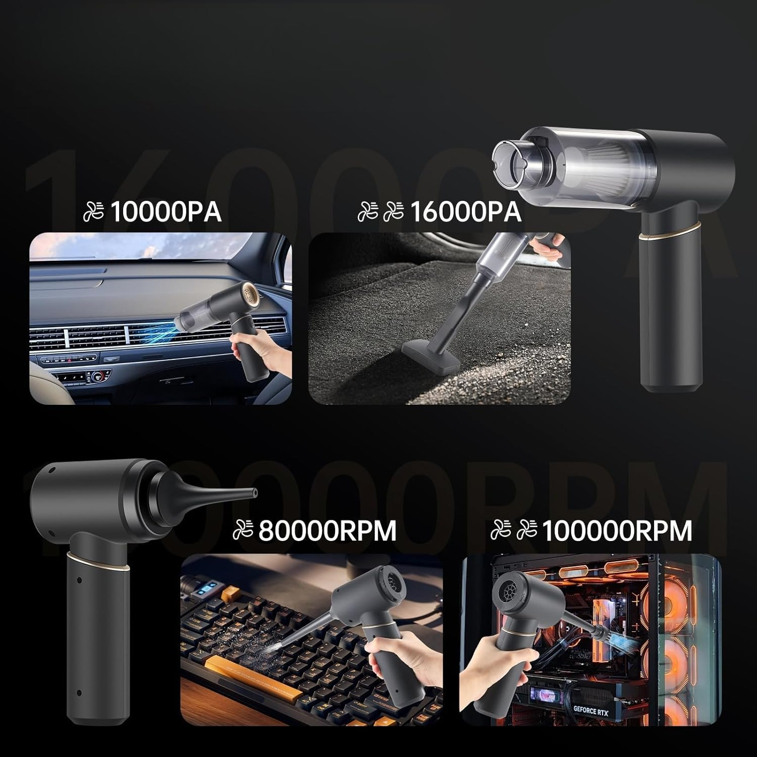 Car Vacuum Cleaner,16000Pa High Power Mini Vacuum Cleaner,Rechargeable Handheld Vacuum,Portable Cordless Compressed Air Duster Air Blower for Car Home (Goldblack) image number 4