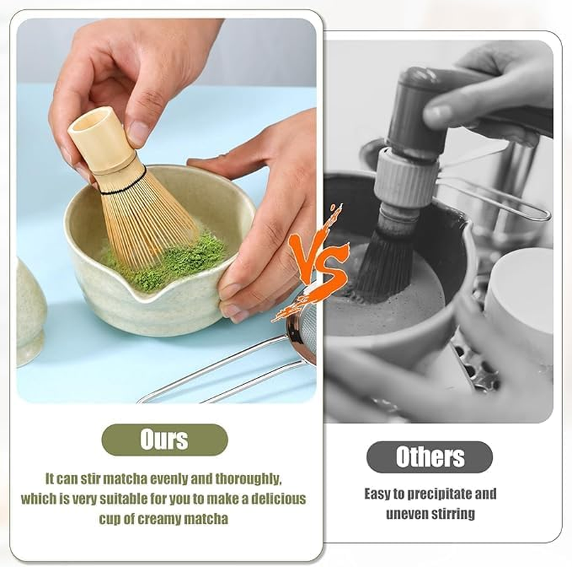 Roczential 5 Pack Matcha Whisk Set Matcha Whisk Holder Bamboo Matcha Whisk and Bowl with Spout Matcha Sifter Spoon Matcha Tea Set Kit for Matcha Tea (Matcha Color) image number 4