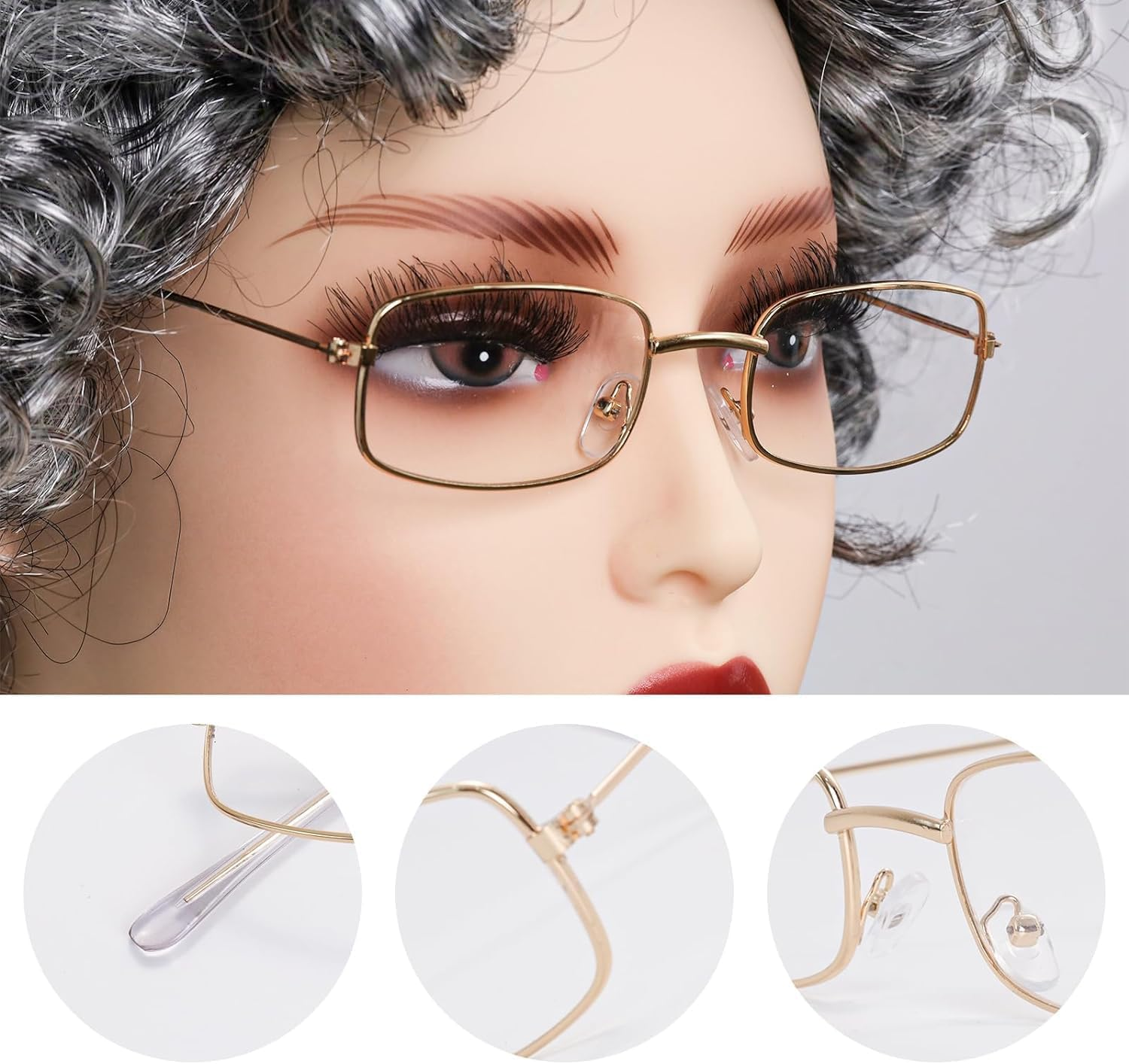 Old Lady Cosplay Set, Grey Granny Wig Curls Necklace and Fake Eyeglasses Set,Halloween Masquerade Party Witch Decoration 100 Days of School Event image number 2