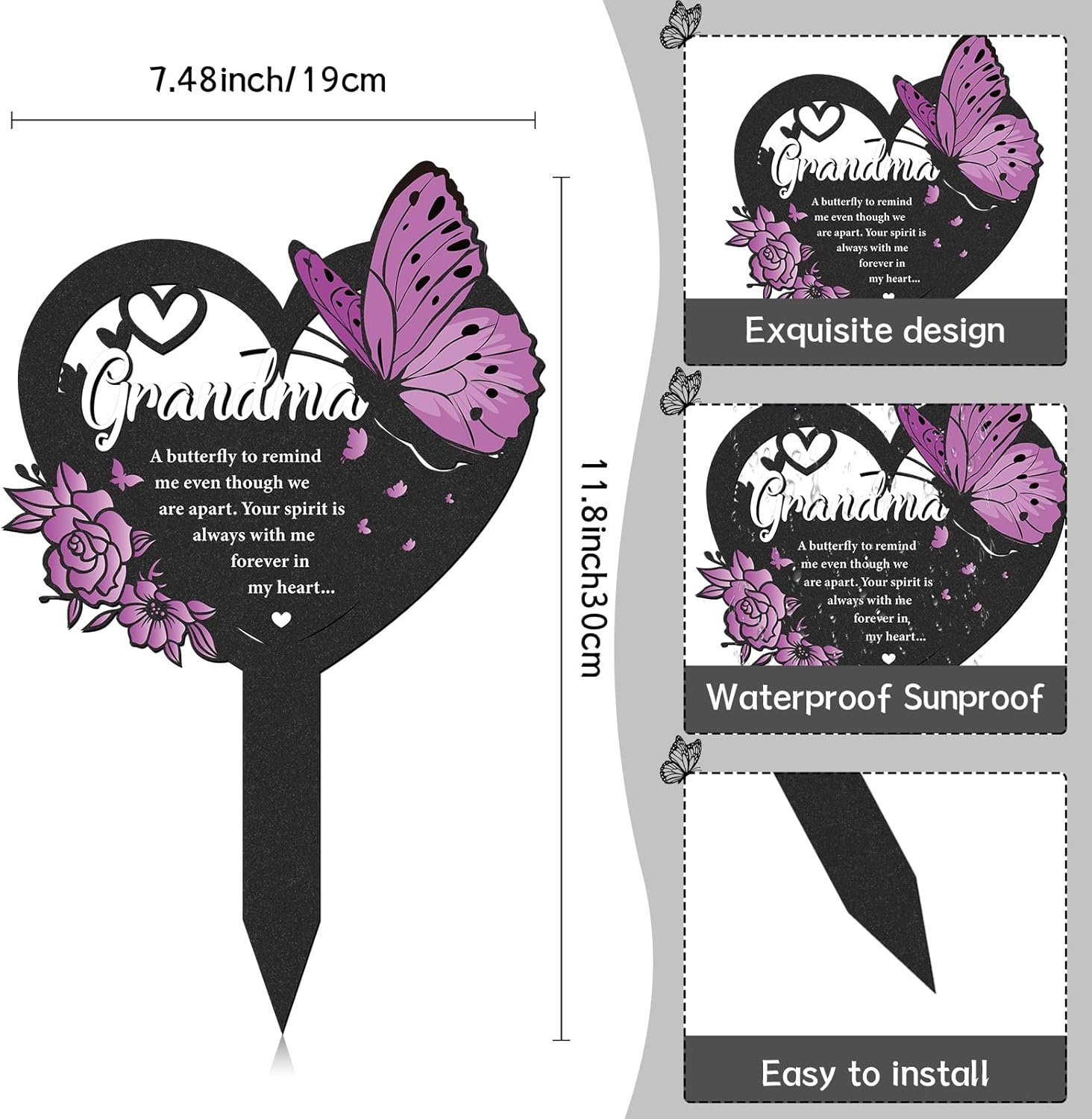 LIRAVENO Butterfly Memorial Grave Stakes - 1 Pcs Black Heart Cemetery Markers Decoration for Loss Grandmother Personalized Humans Metal Plaques Decor for Outdoors Sympathy Garden Yard Remembrance Sign image number 5