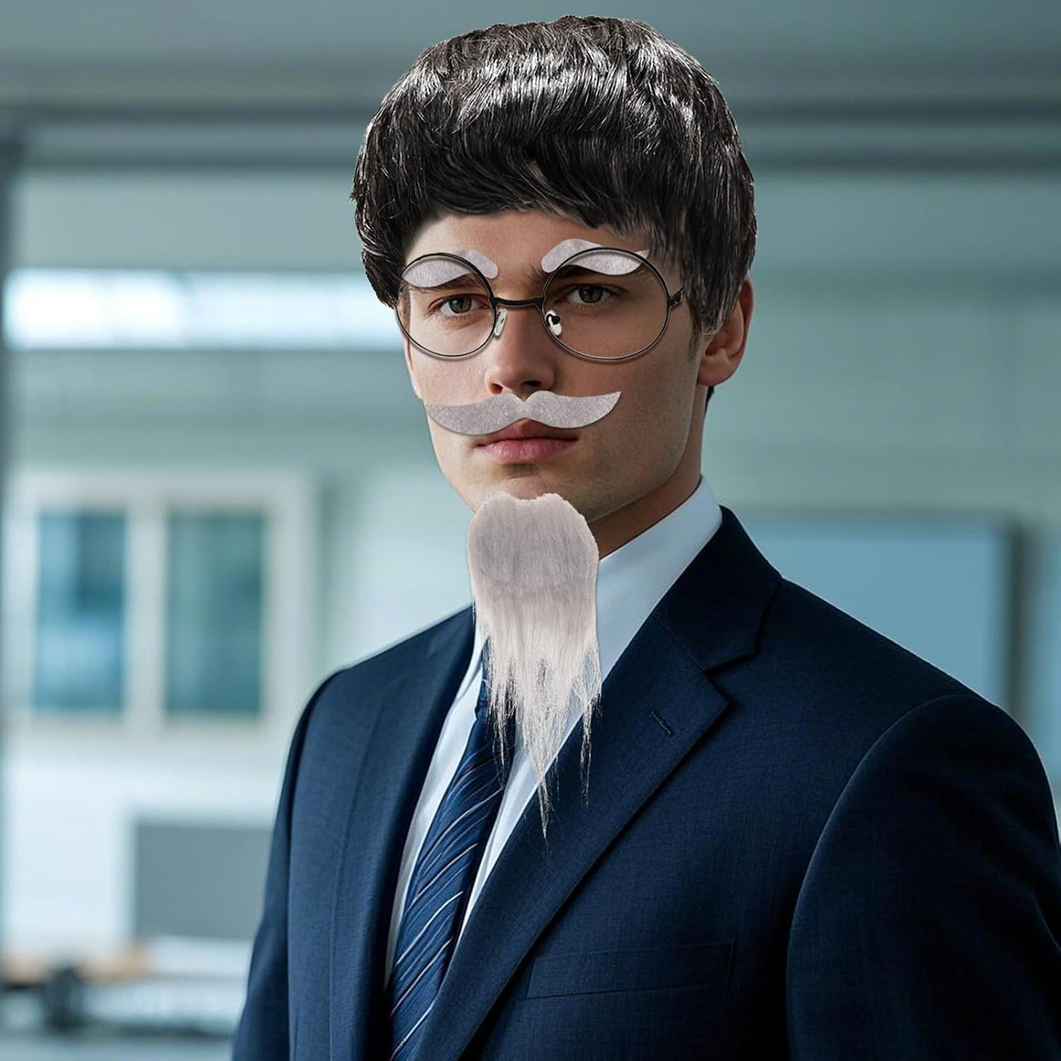 Old Man Wig Mustache Set Old Man Costume Kit Grandpa Costume Accessories Grey Wig Fake Beard Eyebrows Glasses for Men Adults Teens for Halloween 100Th Day of School image number 3