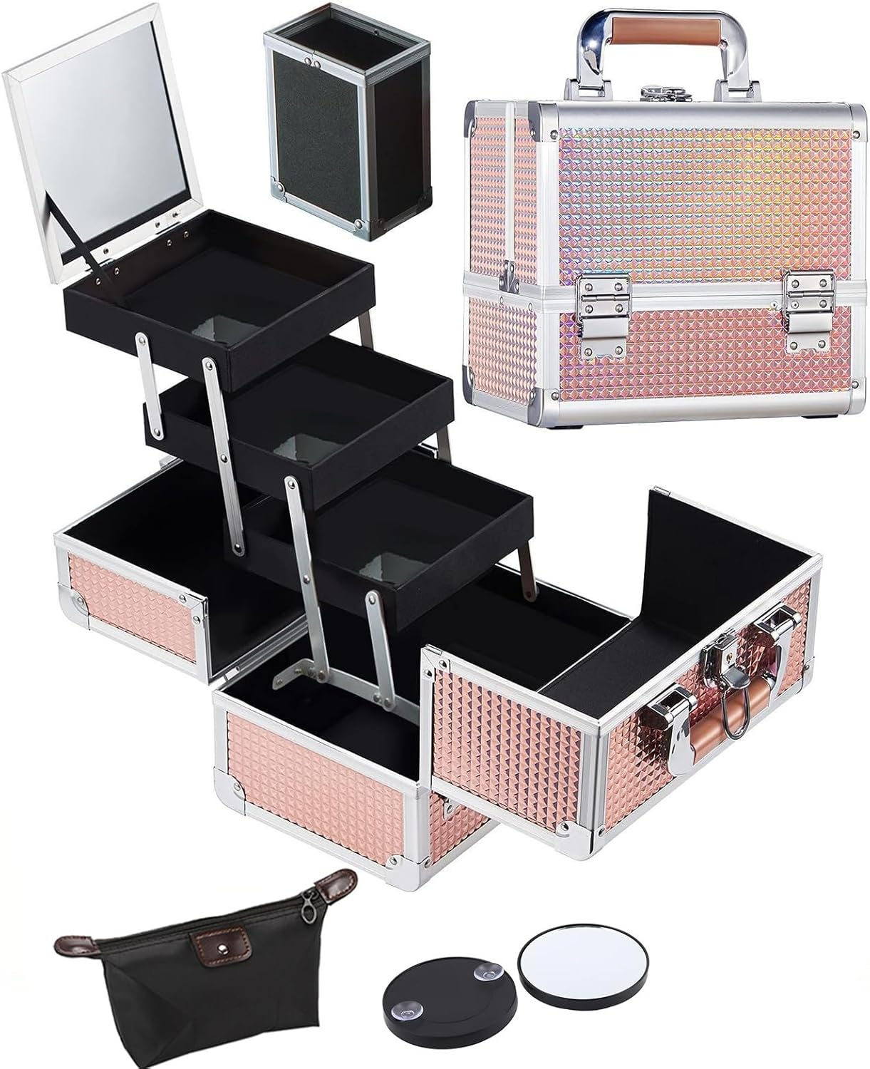 Makeup Box with Drawer, Waterproof Travel Train Case, Cosmetic Organizer and Makeup Suitcase ，Multi Compartments Beauty Box and Shoulder Strap (Black)