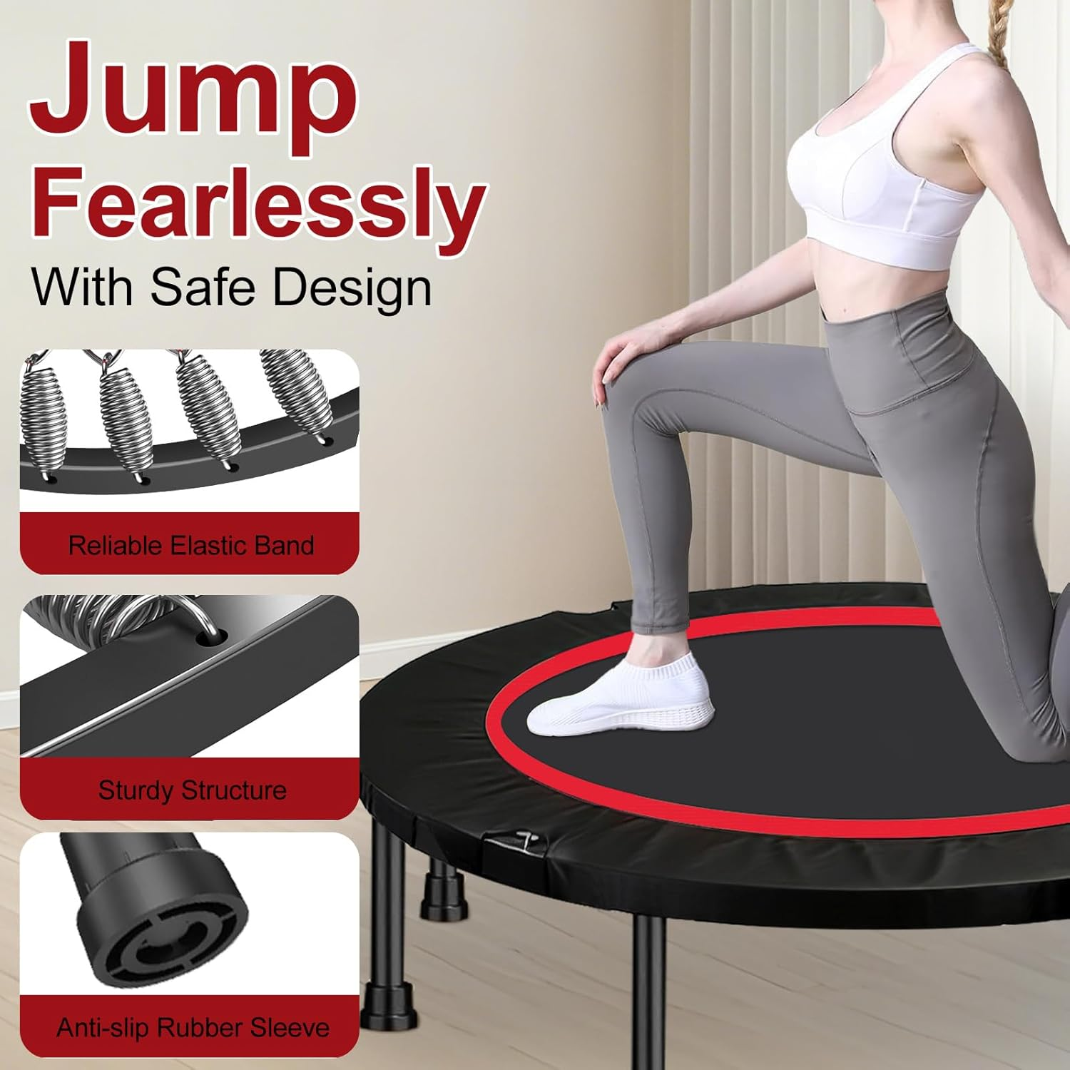 48" Foldable Mini Trampoline Rebounder, Fitness Trampolines with Adjustable Foam Handle, Thick Steel Spring Exercise Rebounder Trampoline for Adults Indoor Outdoor Workouts Max Load 300KG