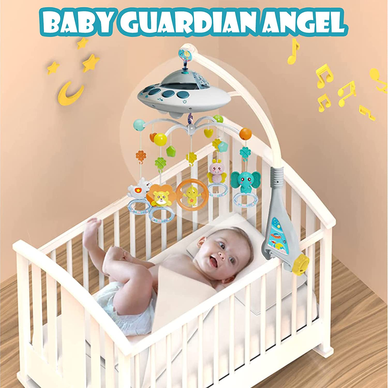 Baby Musical Crib Mobile,Crib Mobile Arm Holder with Night Lights and Relaxing Music Hanging Rotating Animals Rattles Toys Stars Projection Remote Control for Boy Girl Newborn image number 5