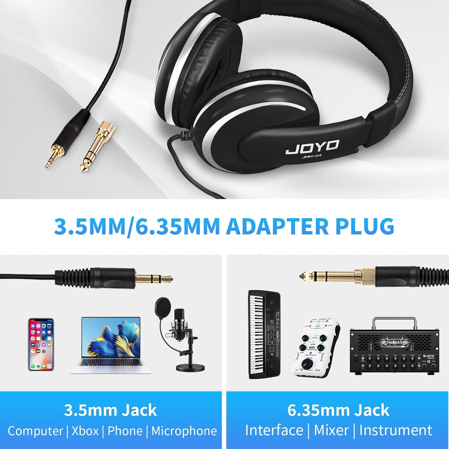 Joyo JMH-04 Over-Ear Studio Headphones Wired with 1/4 to 3.5Mm Jack Adapter for Guitar Amp, Keyboard, DJ, Laptop, PC, Mixing, and Gaming, Black image number 3