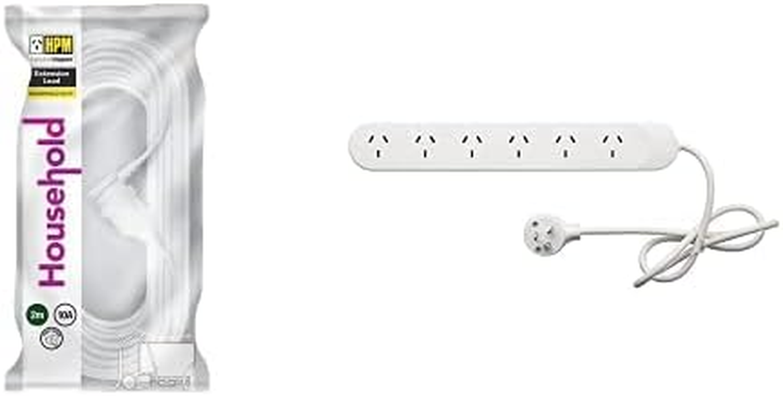 HPM Household Duty Piggy Back Extension Lead White 2M + Standard 6 Outlet Powerboard White