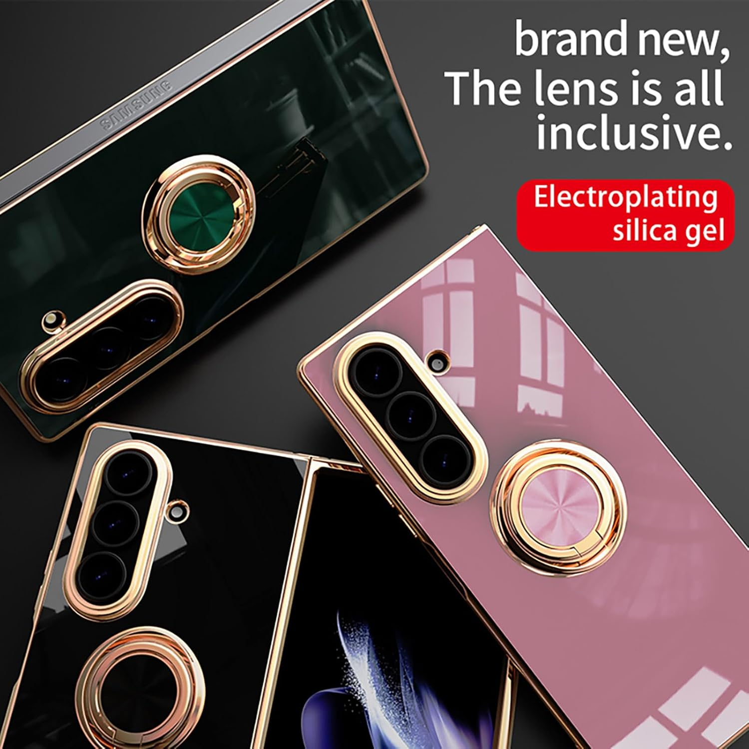 ILING Case for Samsung Galaxy Z Fold 7 with 360 Degree Ring Stand, Luxurious Galvanised Gold Trim, Soft TPU Silicone, Shockproof Protective Case, Ultra Thin Women'S Mobile Phone Case (Black) - Black image number 4