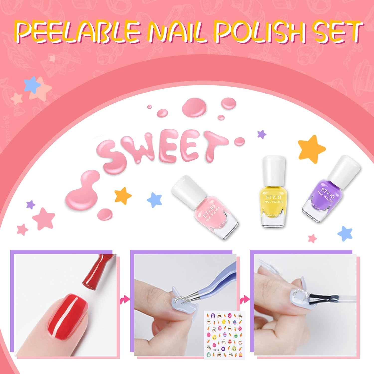 ETYJO Kids Nail Polish- Nail Polish Set for Girls Ages 3-12,12 Rainbow Colors Nail Polish Kit for Teens Child - B-Candy Kids Nail Polish image number 2