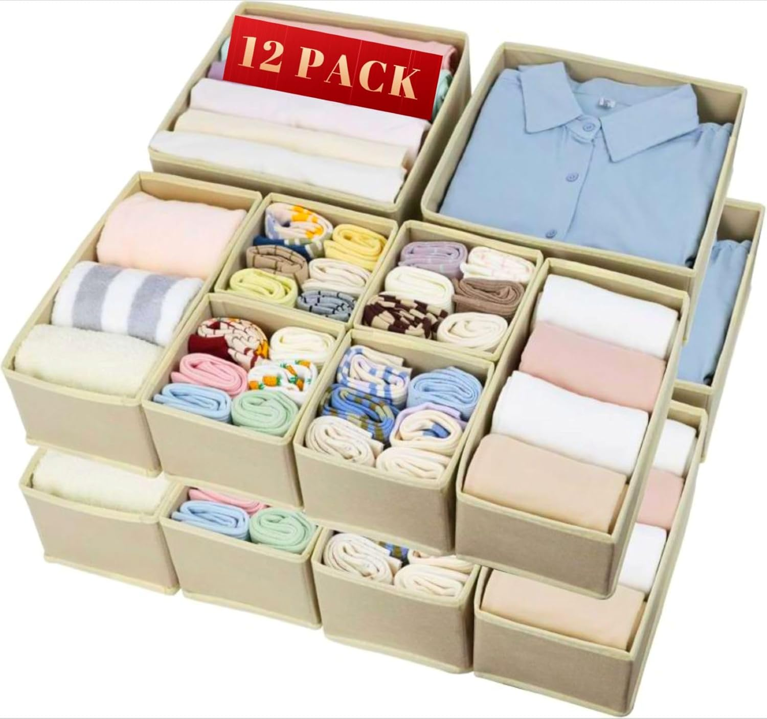 12 Pack Draw Organiser, Foldable Drawer Organiser, Drawer Dividers Storage Bins, Nursery Drawer Organiser, Closet Organiser for Clothes, Underwears, Baby Clothing, Socks, Bra, Towels, Ties image number 6