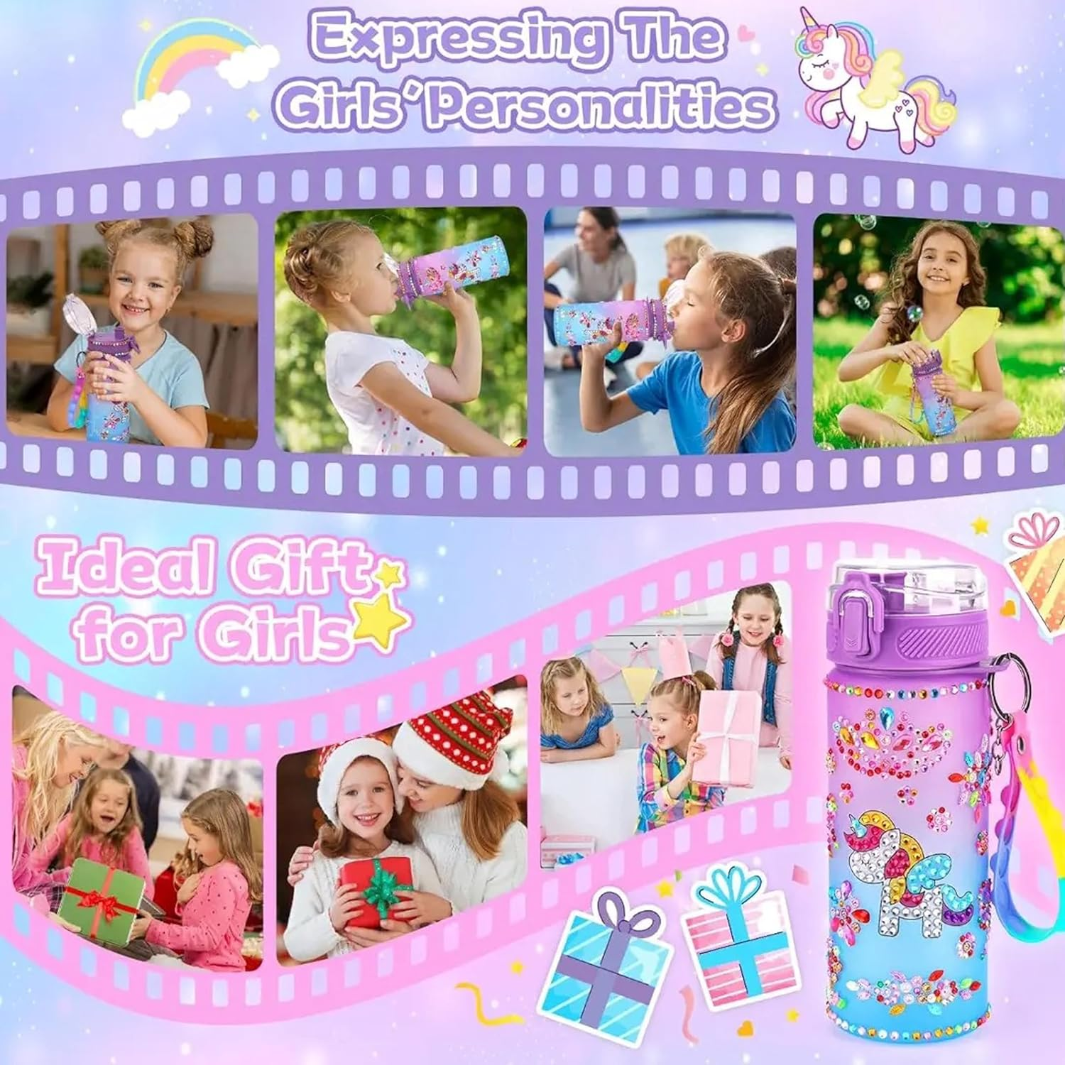 Unicorn Decorate Your Own Water Bottle Kits, Gifts for Girls Age 5 6 7 8 9: Craft Kits for Kids 6-12 Girls Toys 4-12 Year Old Kids Birthday Present for 8-9-10-11 Children Diamond Art Stickers image number 1