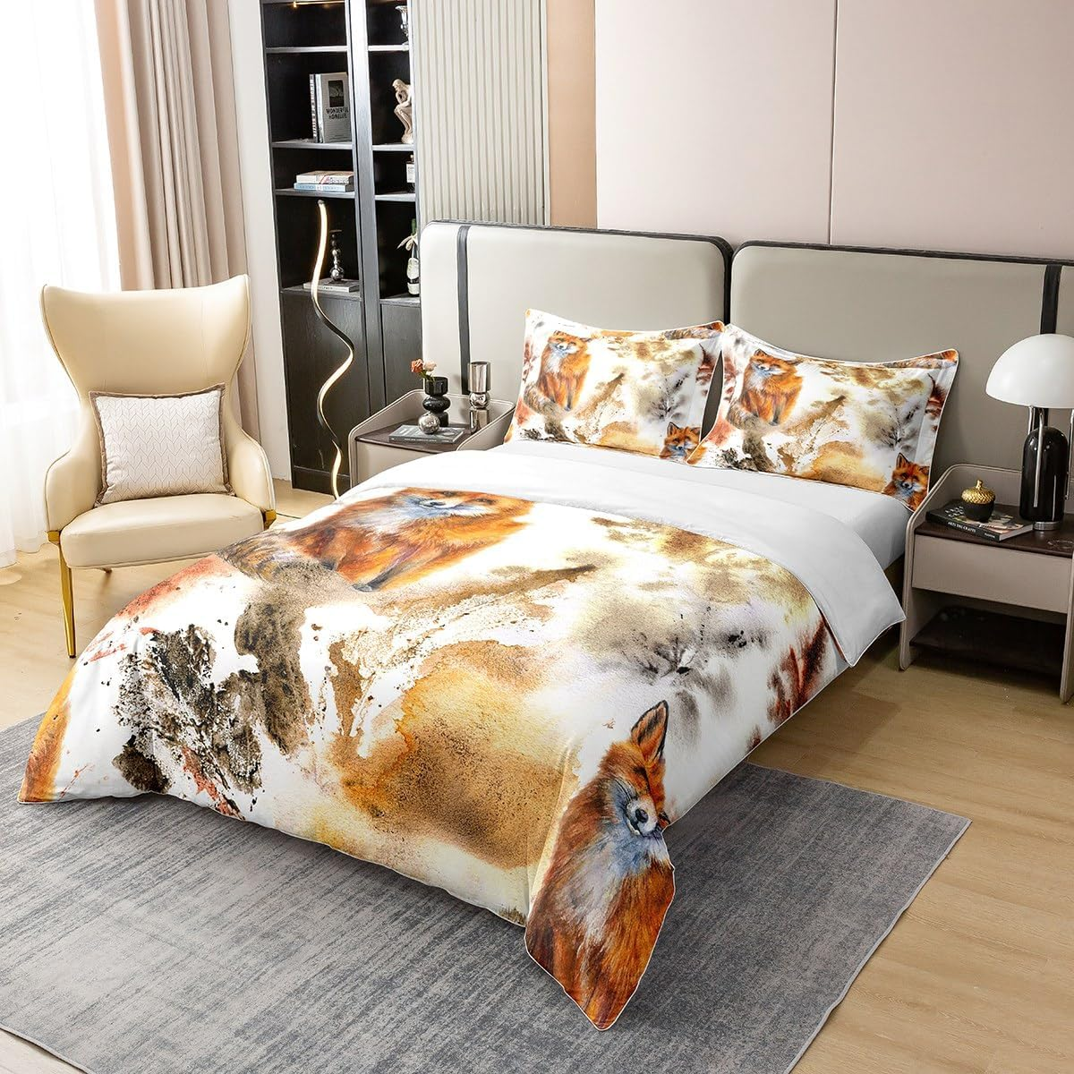 100% Natural Cotton Fox Duvet Cover, Woodland Animal Bed Linen Set, 135 X 200 Cm, Vintage Coffee Brown Splash Style Comforter Cover, Rustic Wild Fox Bed Sets with 1 Pillowcase, Skin-Friendly image number 2