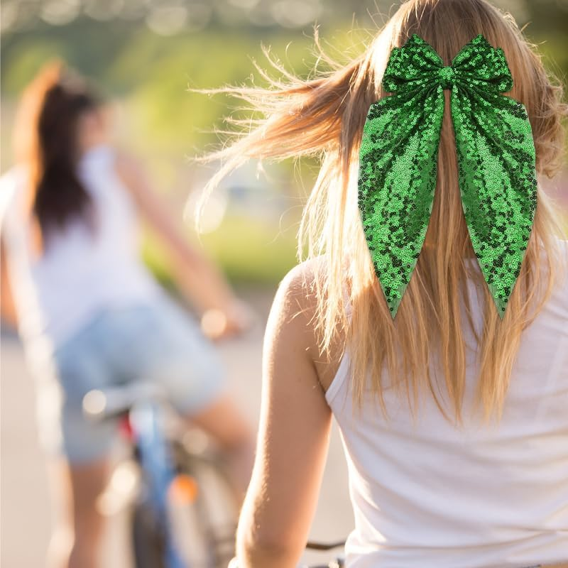 Sparkly Hair Bows for Girls Big Green Hair Clip Metal Clips French Ribbon Bowknot Hair Barrettes for Women Party Oversized Long Tail Hair Bow Clips Bling Hair Accessories for Thick Thin Hair