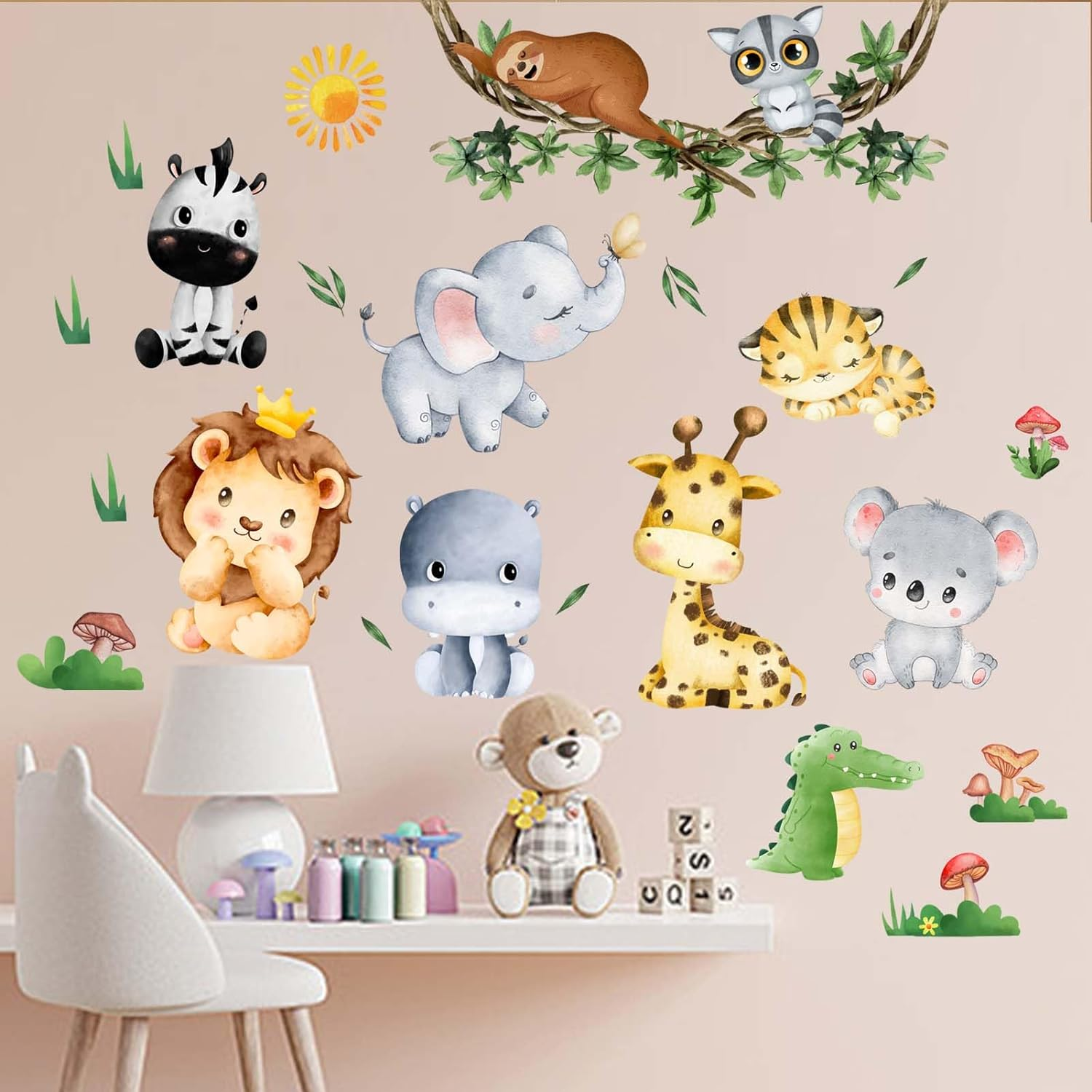 Amimagen Jungle Baby Animals Wall Stickers - Elephant Lion Tiger Giraffe Wall Decals - Nursery Kids Girls Boys Room Daycare Playroom Classroom Wall Decor image number 3