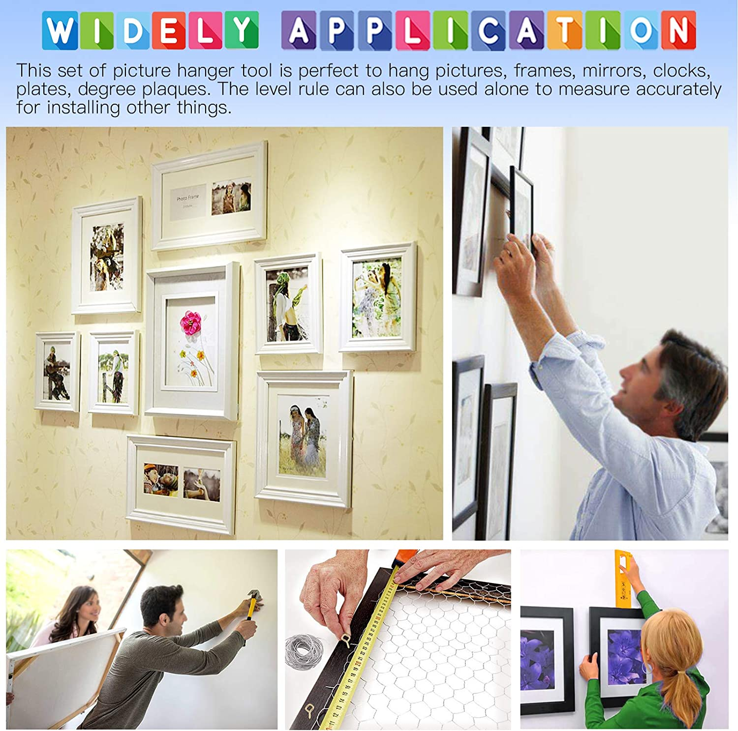 Glarks 307Pcs Picture Hanging Kit, Picture Frame Hanger Tool with Level Ruler and 306Pcs Nails, Hooks, Hanging Wire, Screw Eyes, D Ring and Sawtooth Hanger for Frame Hanging Wall Mounting image number 6