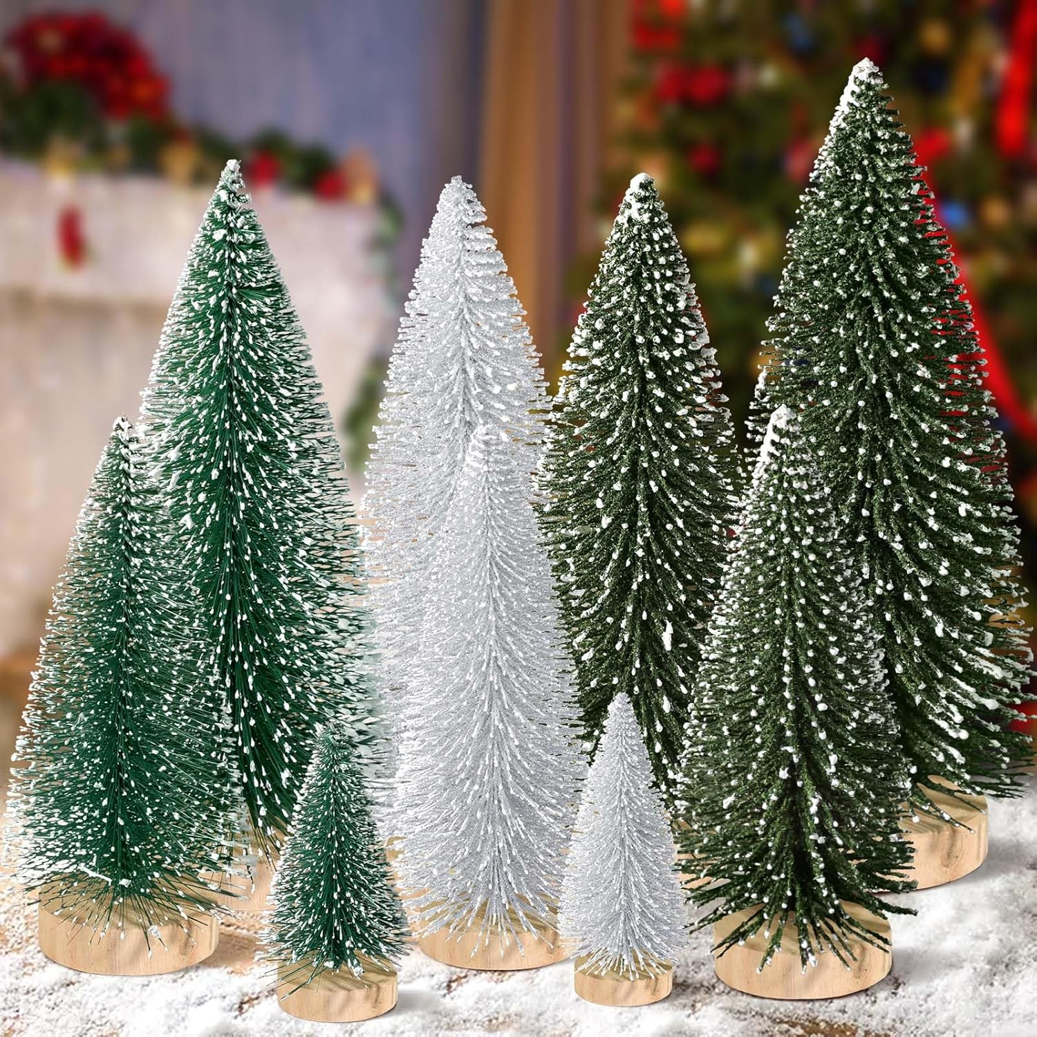 9Pcs Mini Christmas Tree Desktop, Artificial Christmas Pine Tree, Mini Bottle Brush Trees Tabletop, Small Sisal Trees with Wooden Bases, Xmas Holiday Decor (Green-Silver-White)