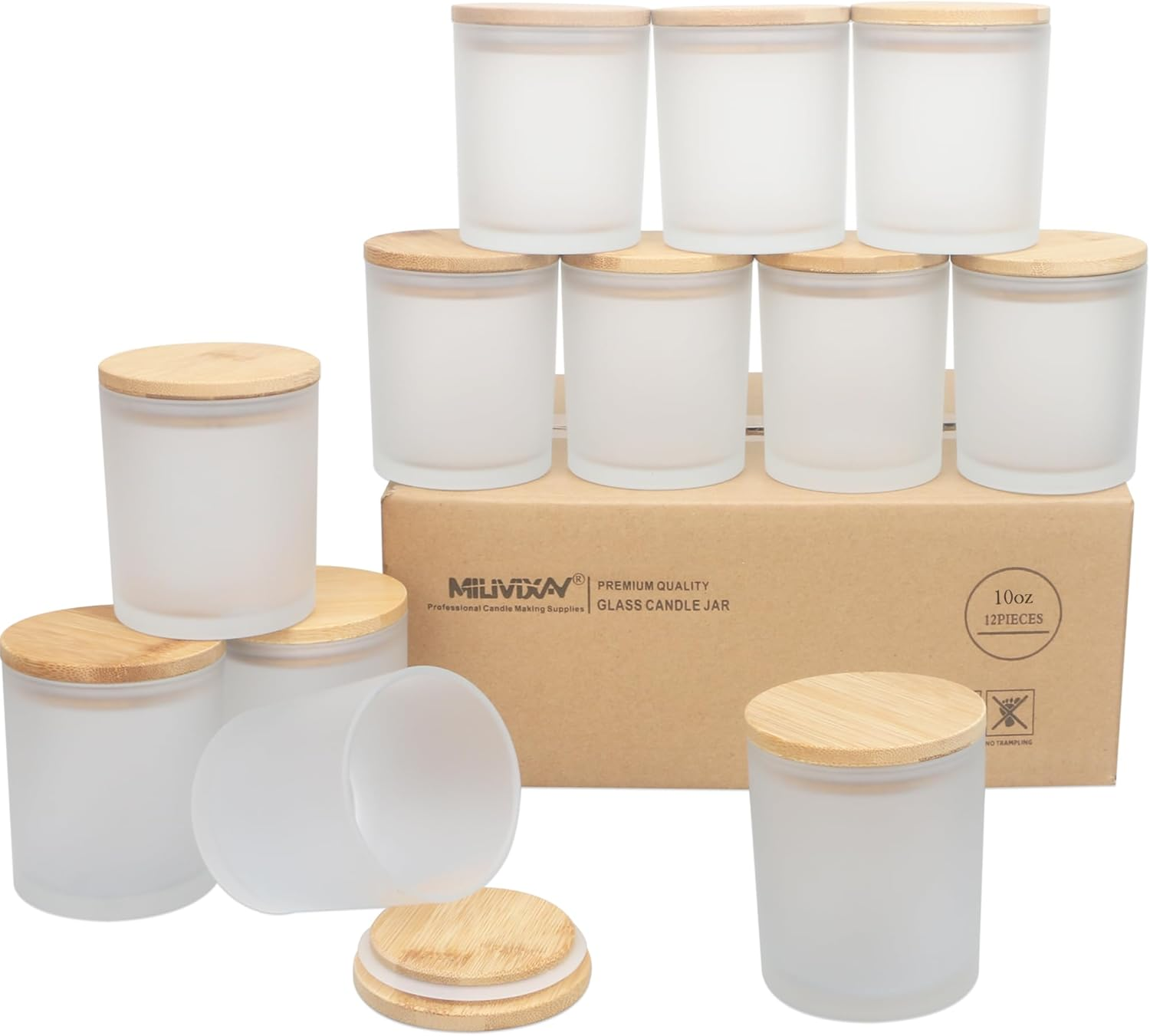 MILIVIXAY 12 Pack 10 OZ Frosted White Thick Glass Candle Jars with Lids - Bulk Empty Candle Jar for Making Candles - Spice, Powder Containers. image number 2