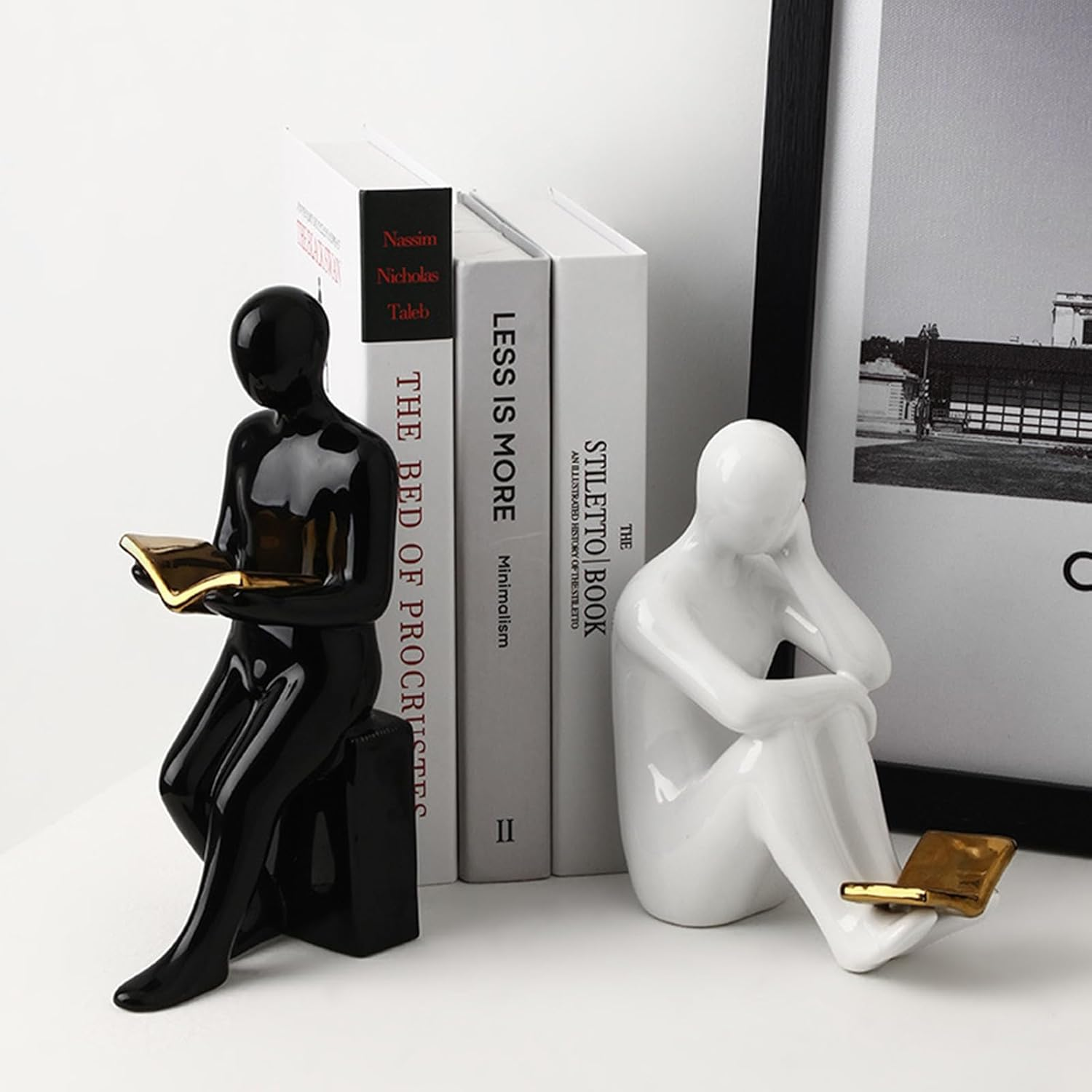 TOPSKY Modern Ceramic Bookends with 3 Decorative Books, Reading Statues, Book Sculpture, Book Statue, Book Figurine, Statue Art Sophisticated Decor for Shelves and Home (Black&White) - Silvery image number 4