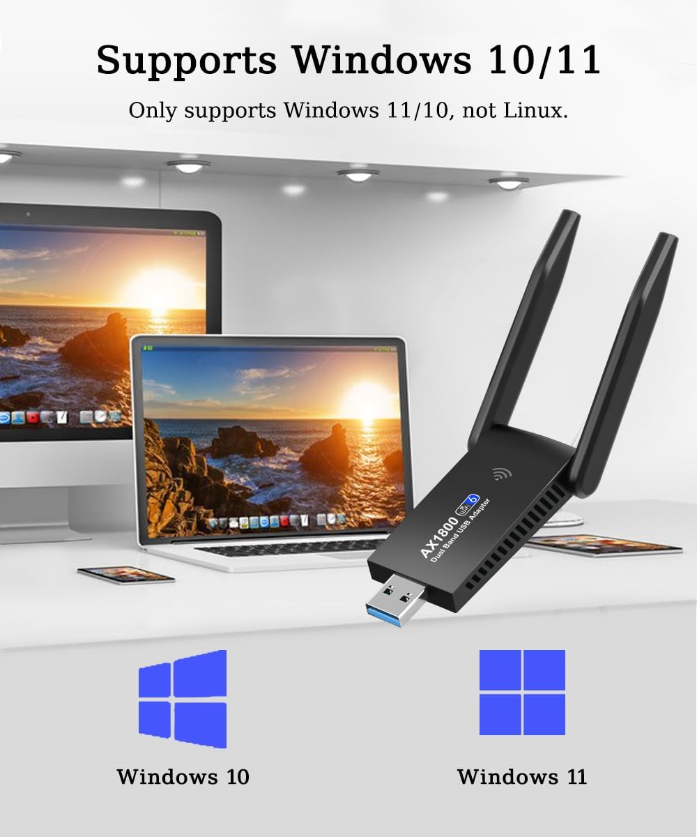 1800Mbps USB Wifi 6 Adapter,Dual Band 5Ghz 1201Mbps + 2.4Ghz 574Mbps,Long Range USB Wifi Adapter with High Gain Double Antennas,802.11Ax,For Desktop PC Laptop Support Windows 10/11,Black image number 5