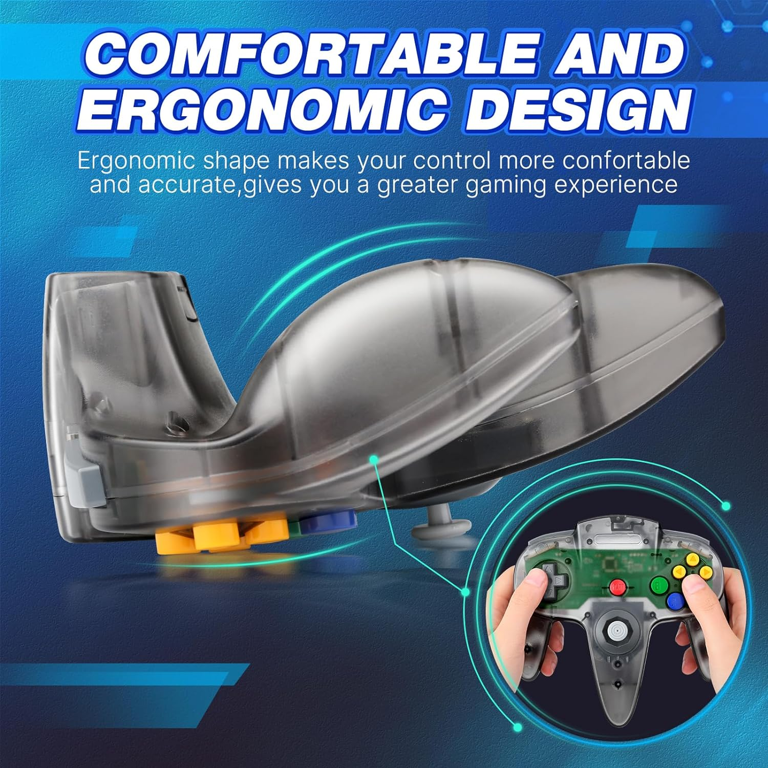 2 Pack Wired USB N64 Controller, FISUPER Classic Video Game Controller USB Gamepad for Windows PC MAC Raspberry PI Retropie (Clear Black + Clear Blue)