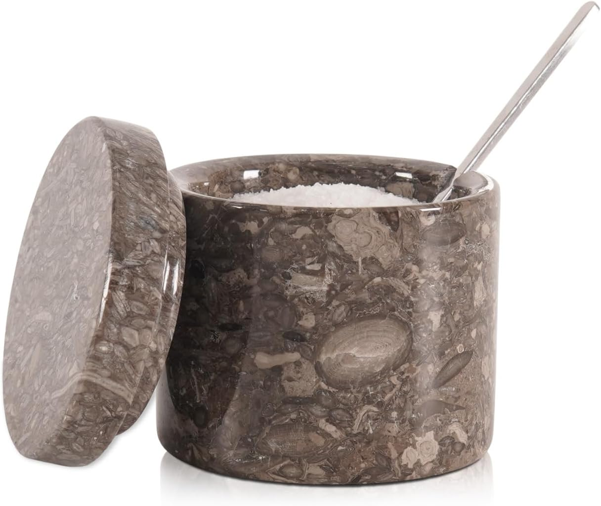 SPESHSTONES Marble Salt Cellar with Lid and Spoon 3'' Inches White Salt Container Handmade Spice Seasoning Containers for Kitchen Storage Accessories - Salt Box & Ideal Sugar Bowl, Flaky Salt Cellar