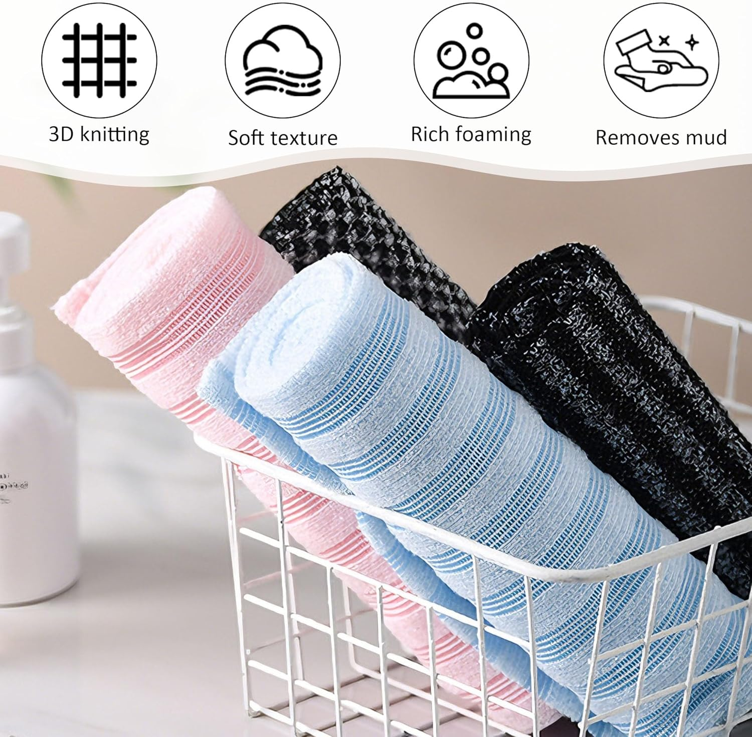 4PCS Exfoliating Shower Towel, African Net Sponge, Exfoliating Body Scrubber, Long Washcloth Back Body Shower Towel for Men Women image number 3
