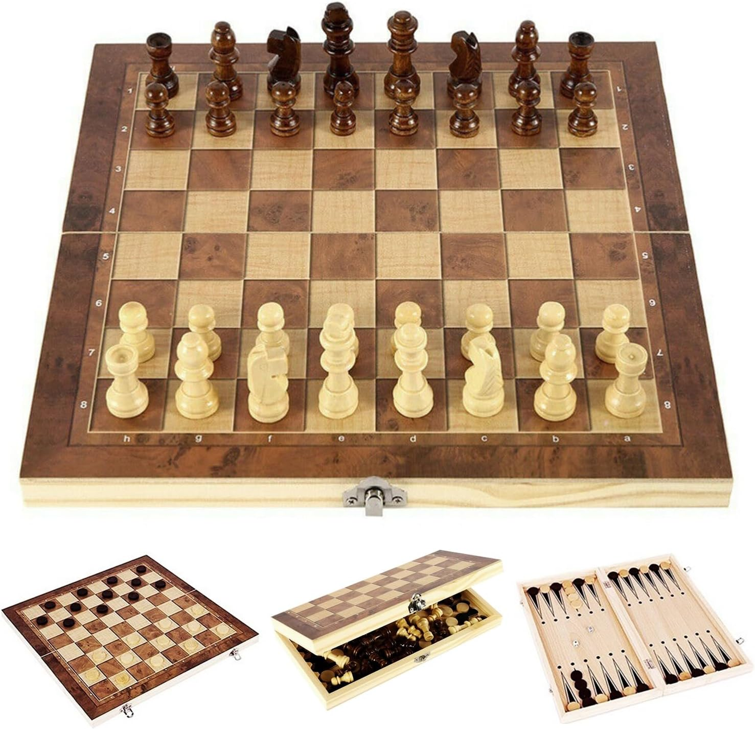 Yotsuba Wooden Chess Set, 40Cm Large Folding Chessboard Pieces Wood with Chessmen Storage Slots Unique Crafted Handmade, 3 in 1 Chess Board Game for Adults and Kids (Chess,Backgammon,Checkers) image number 3