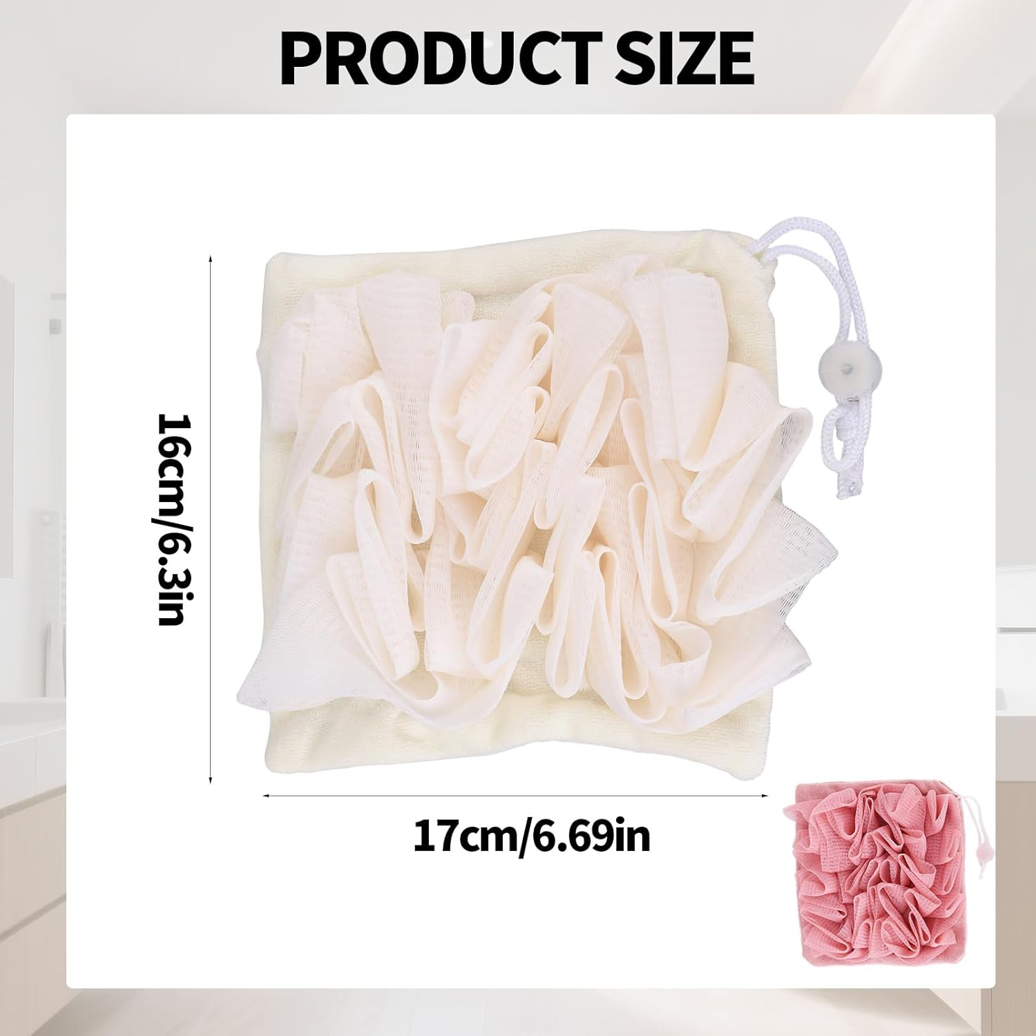 2Pcs Loofah Washcloth for Bar Soap, 2-In-1 Exfoliating Bath Sponge with Drawstring Reusable Mesh Shower Puff for Smoothing Skin & Body Cleansing (Pink, Beige) image number 6