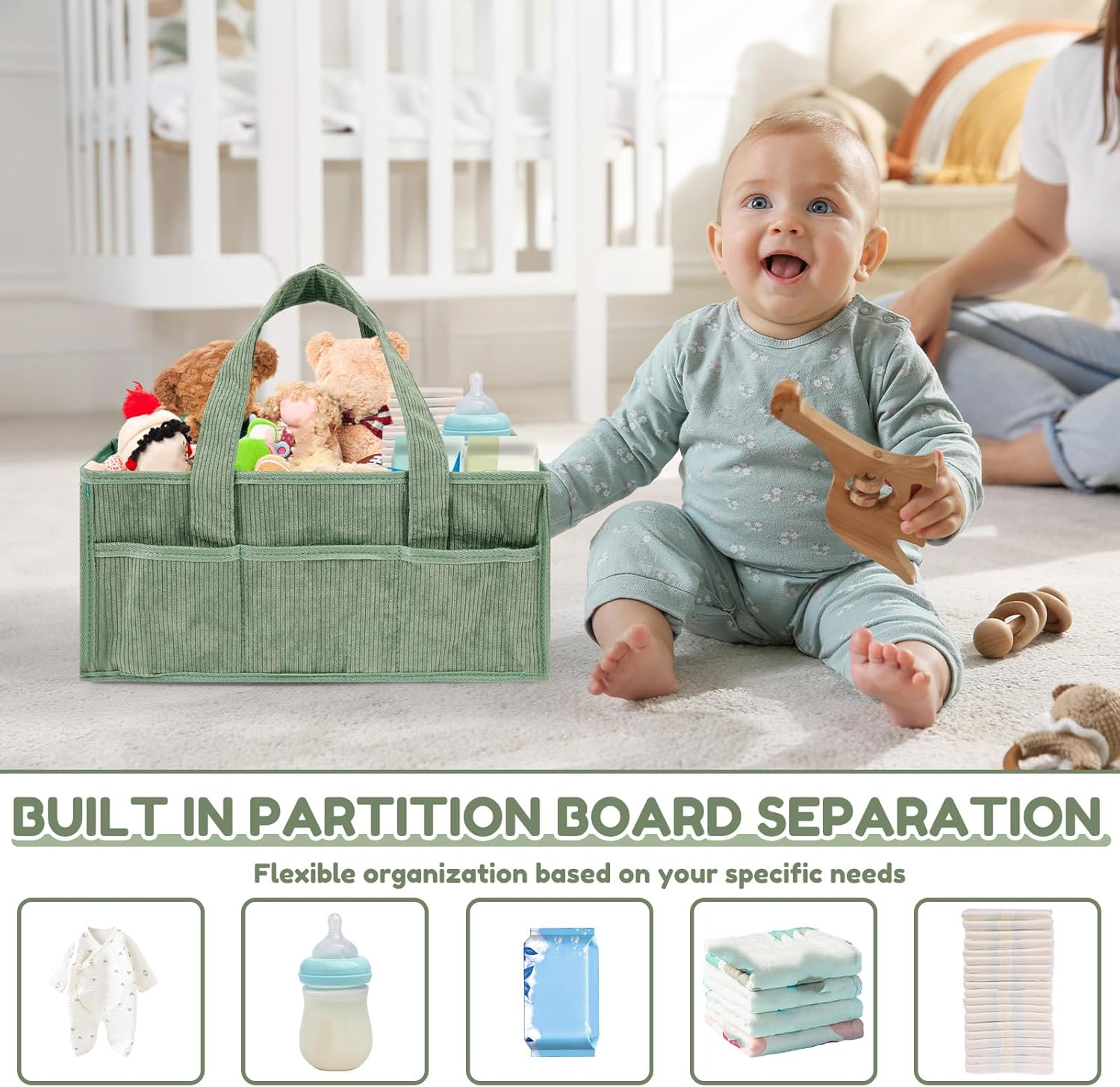 Baby Diaper Caddy Organizer, Nappy Caddy Organiser with Handle Build in Partition Board Wear Resistant Soft Baby Hamper Basket Nursery Basket for Bathroom Car Travel image number 4
