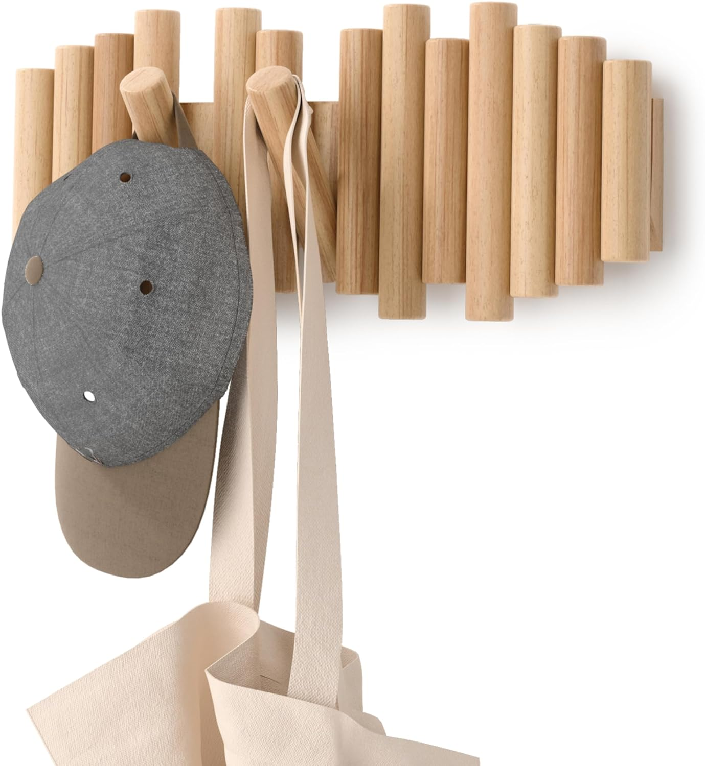 Umbra, Natural Picket 5 Hooks, Wall-Mounted Rail, Doubles as Art, Beveled Pine Wood Dowels, Finish, 14.9 X 6.6 X 1.6