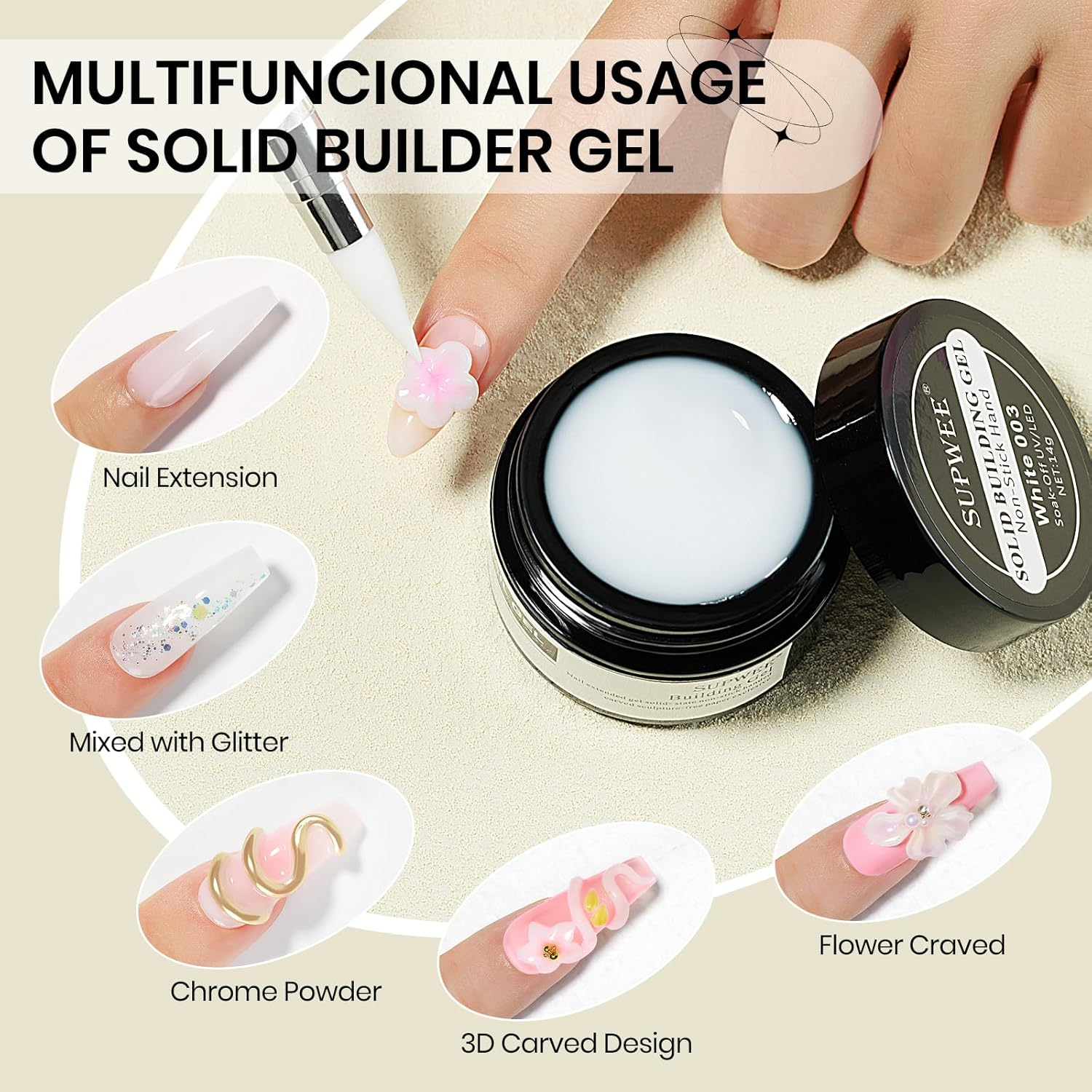 SUPWEE White 3D Nail Gel Solid Builder Sculpting Gel for Nail Extension Carving Molding for Home DIY Manicure image number 3