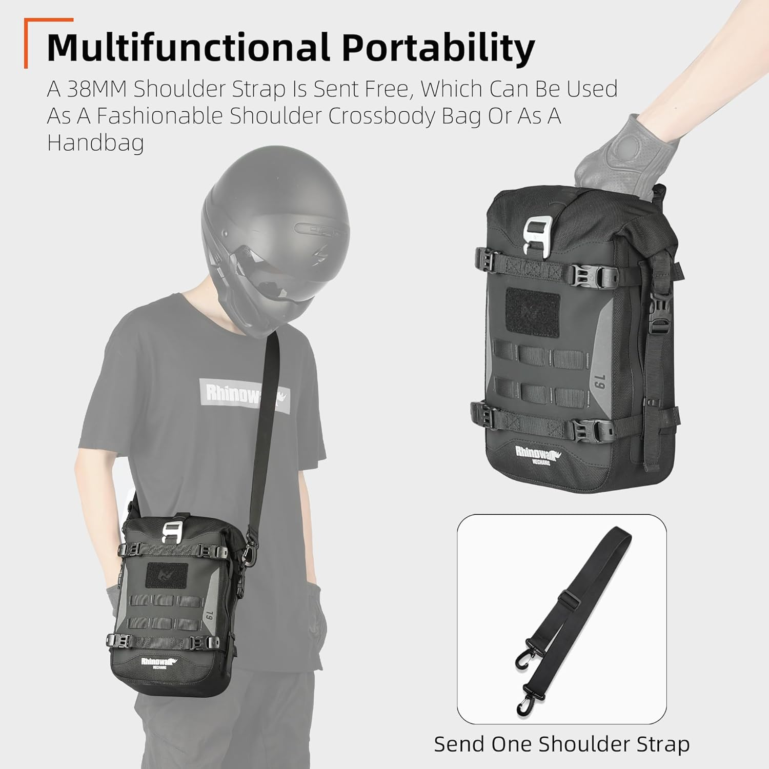 Rhinowalk Motorcycle Front Bumper Bag Tail Bag Motorbike Side Bag 6L Waterproof Motorcycle Saddle Pannier Bag with MOLLE System Professional Motor Accessories-Black image number 6