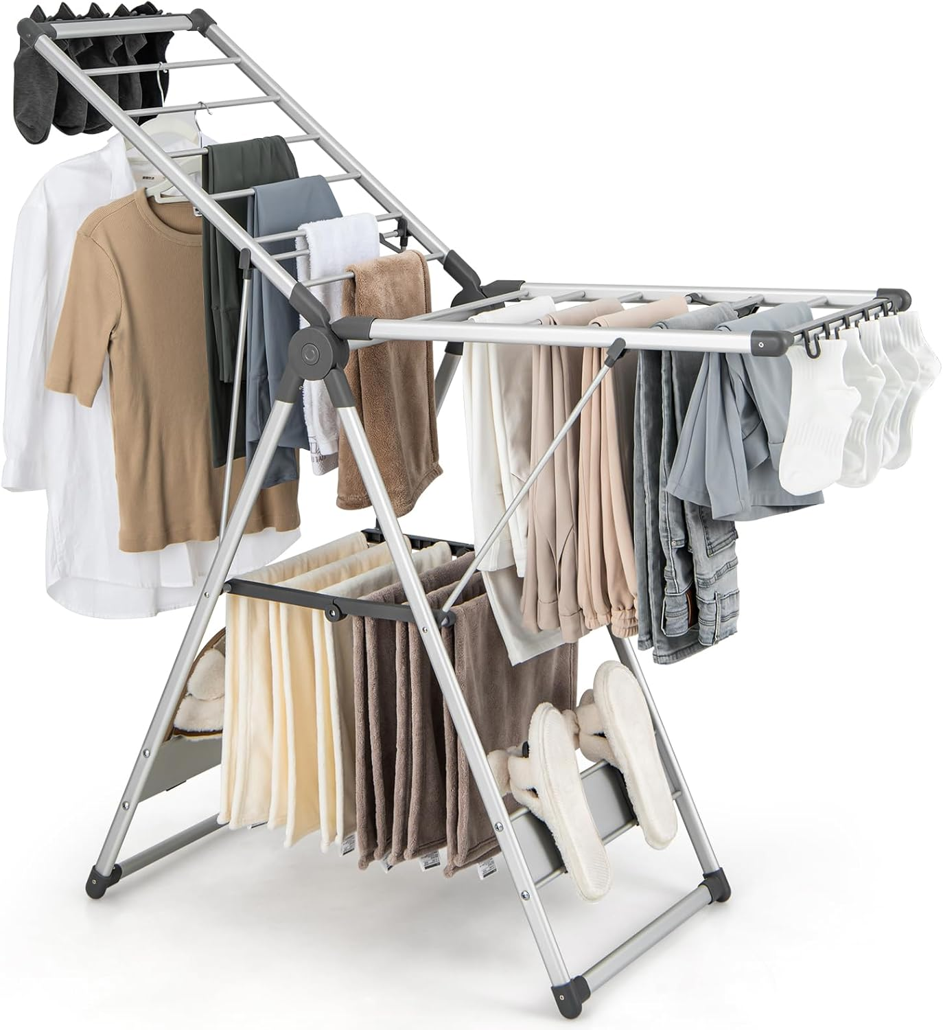 Giantex Clothes Drying Rack, Foldable Metal Laundry Drying Rack with Height Adjustable Wings, 16 Drying Rails, Sock Clips & Shoe Racks, Freestanding Gullwing Clothing Stand (White, 1.6M)